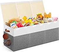 Mabahoo Extra Large 40x14x16 Collapsible Toy Storage Box with Lid & Divider - Sturdy Gray White Chest for Kids Playroom, Bedroom Organizer
