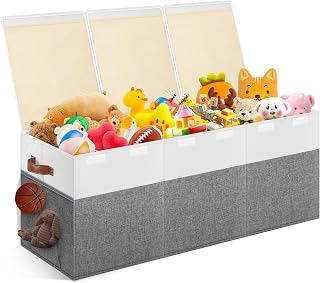 Mabahoo Extra Large 40x14x16 Collapsible Toy Storage Box with Lid & Divider - Sturdy Gray White Chest for Kids Playroom, Bedroom Organizer