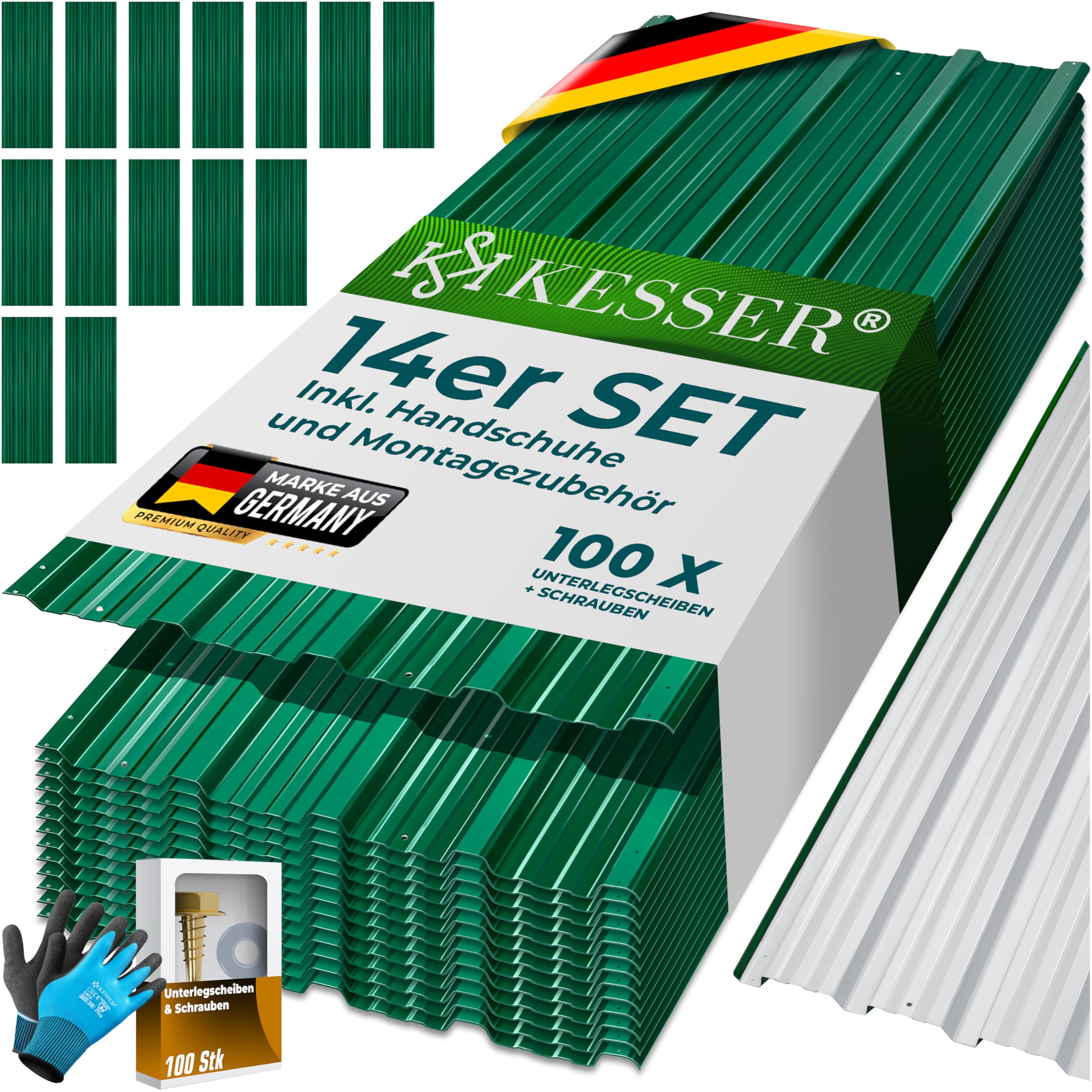 KESSER® - 14 lamiere profilate trapezoidali, 110 x 46 cm = 7 m², lamiera per capannone, in acciaio zincato, 0,25 mm, inclusi guanti per il montaggio, verde