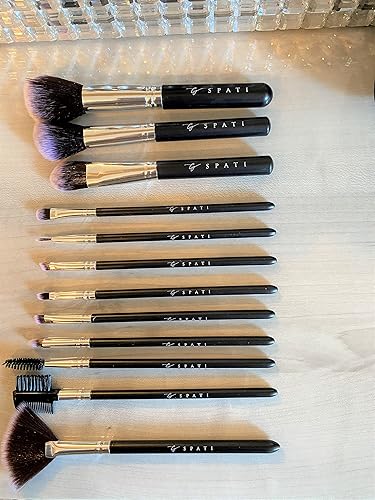 Miniatura 8 de SPATI Juego de 12 brochas de maquillaje, pinceles profesionales, cepillo cosmético facial para base, sombra de ojos, corrector de rubor con soporte