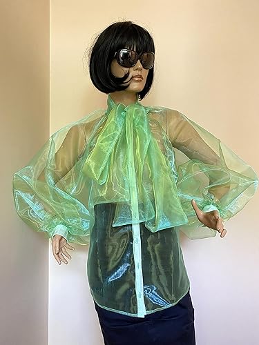 Miniatura 4 de Sheer, transparent lime green Womens formal blouse with bow and puffy sleeves, Transparent shirt, See-through blouse, Glassy blouse (S)