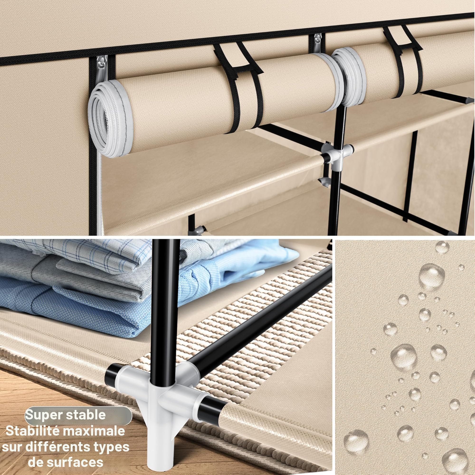 KESSER® Armoire en Tissu Solide avec Tringle à vêtements et étagères, 5 cintres Inclus, Armoire Pliante en Tissu pour Chambre à Coucher, Dressing avec Porte-Manteau 150 x 45 x 175 cm, Beige