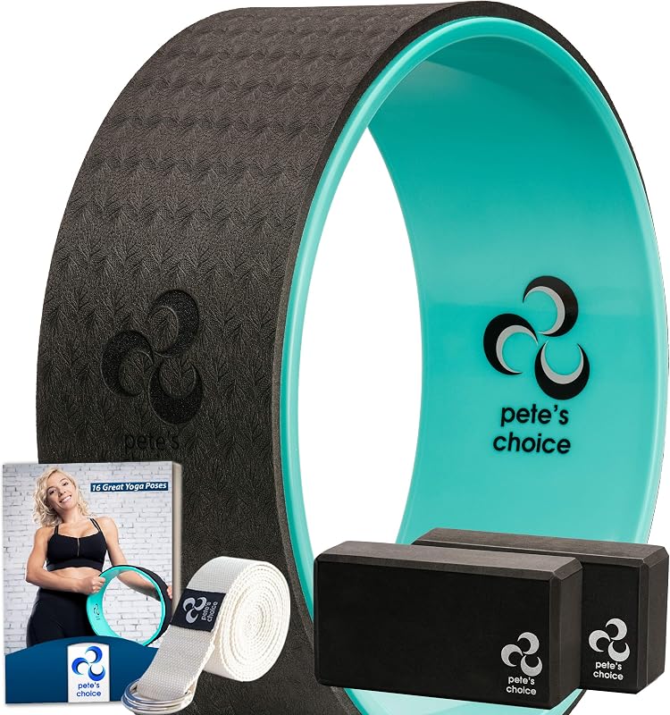 Yoga Wheel Kit for Beginners - Wheel, 2 Blocks, Strap & Guide | Back Roller to Relieve Back Pain & Tension, Deepen Stretches & Boost Flexibility - Complete Home Set for Women & Men