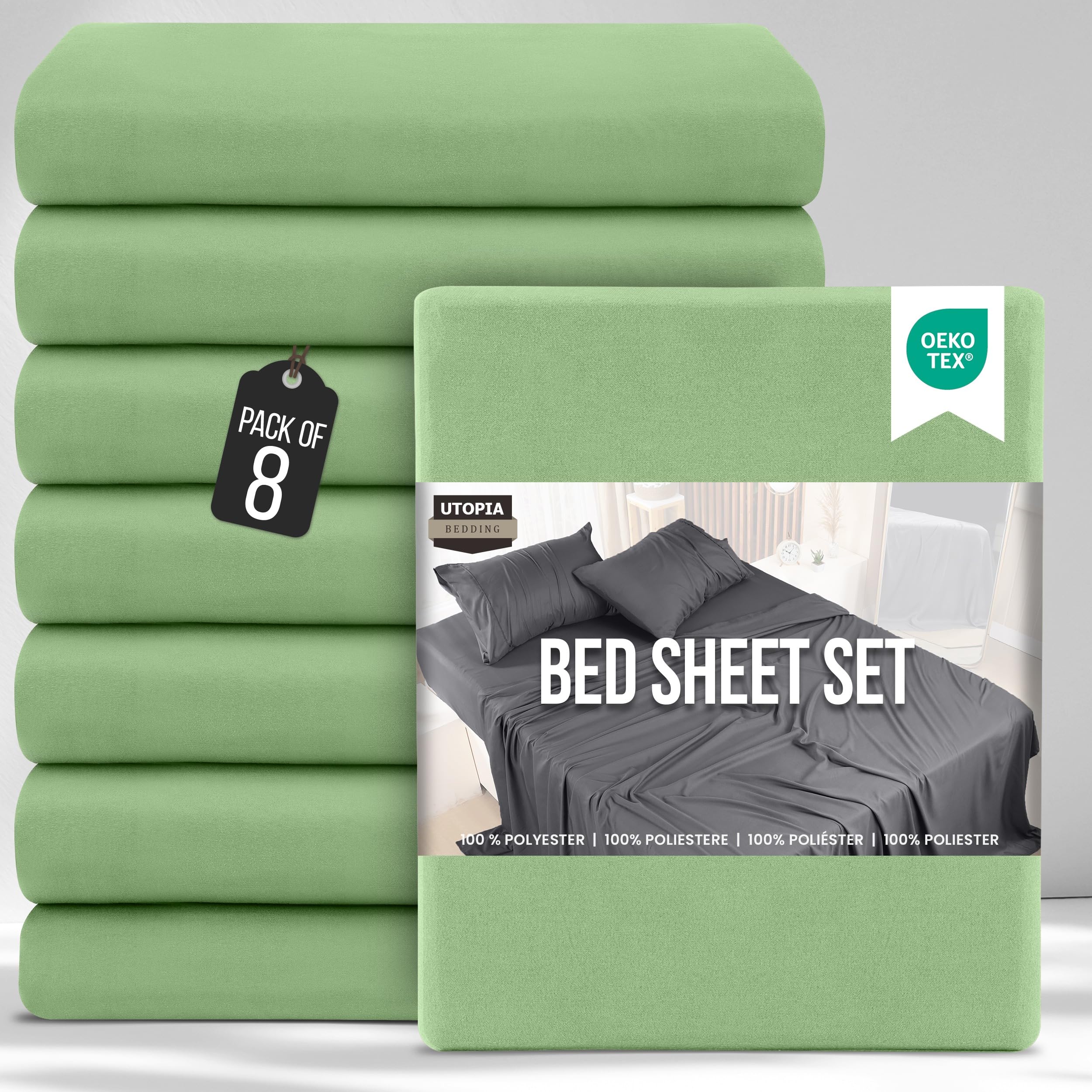 Utopia Bedding Bed Sheets Set Bulk Pack of 8 (Double, Sage) – Fitted Sheet, Flat Sheet with Pillow cases 50x75 – Wrinkle, Shrinkage & Fade Resistant – Soft Brushed Polyester Microfiber Fabric