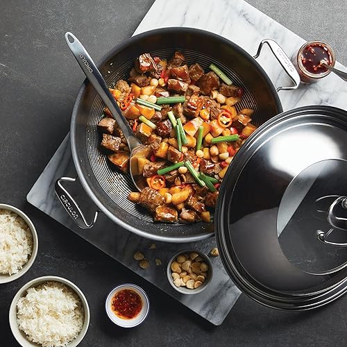 Miniatura 2 de Circulon Clad WokStir Fry de acero inoxidable con tapa de vidrio y tecnología híbrida SteelShield y antiadherente, 14 pulgadas, color plateado