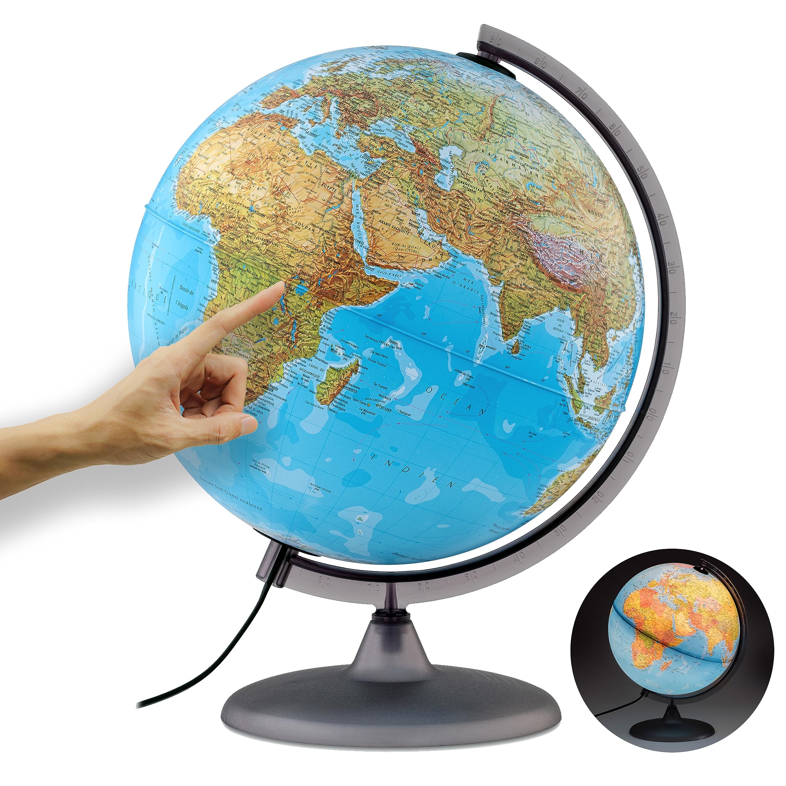 ORBIT GLOBES & MAPS - Globe lumineux - globe de 30cm avec pied stable, image de carte 2023 physique/politique avec lampe LED, image de carte française actuelle