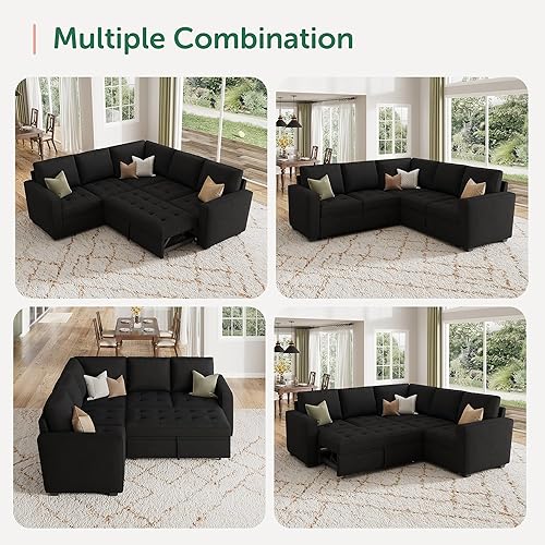 Miniatura 5 de HONBAY Sofá cama modular modular con cama extraíble, sofá convertible en forma de L de terciopelo con asiento de almacenamiento, sofás seccionales