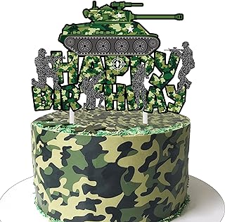 Camo Cake Topper Tank Birthday Cake Decoration Camouflage Happy Birthday Cake Decor for Army Soldier Military Theme Baby Shower Supplies