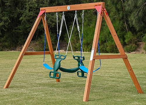 Dolphin Playground - Juego de columpios para patio trasero con columpio deslizante, juegos de madera para patios traseros, 2 columpios de cinturón,