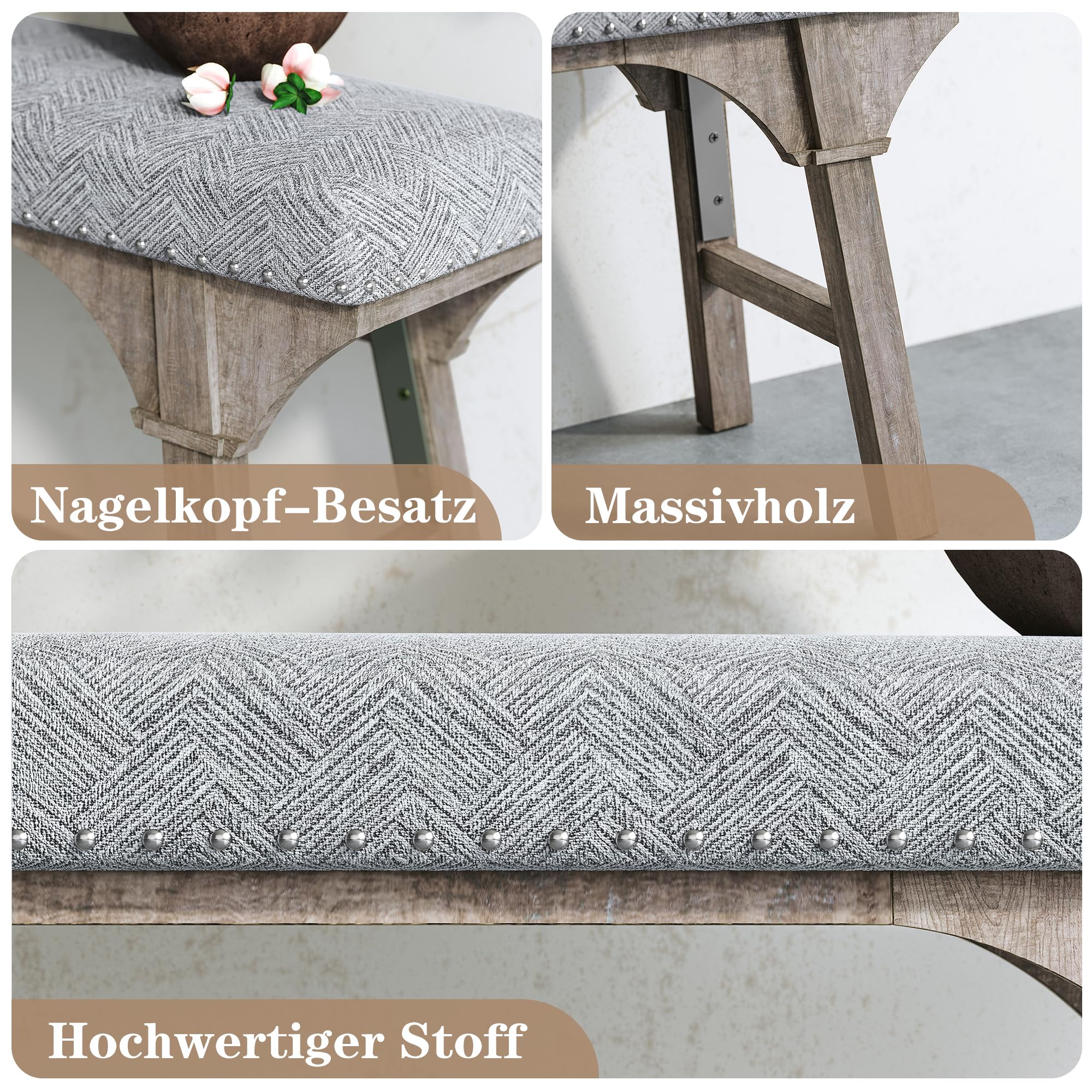 HOLTICO Sitzbank Esszimmer, Gepolsterte Bettbank, Schlafzimmerbank mit Vintage-Leinenstruktur und Massivholzbeinen, Polsterbank, Garderobenbank für Wohnzimmer, Flur, Grau