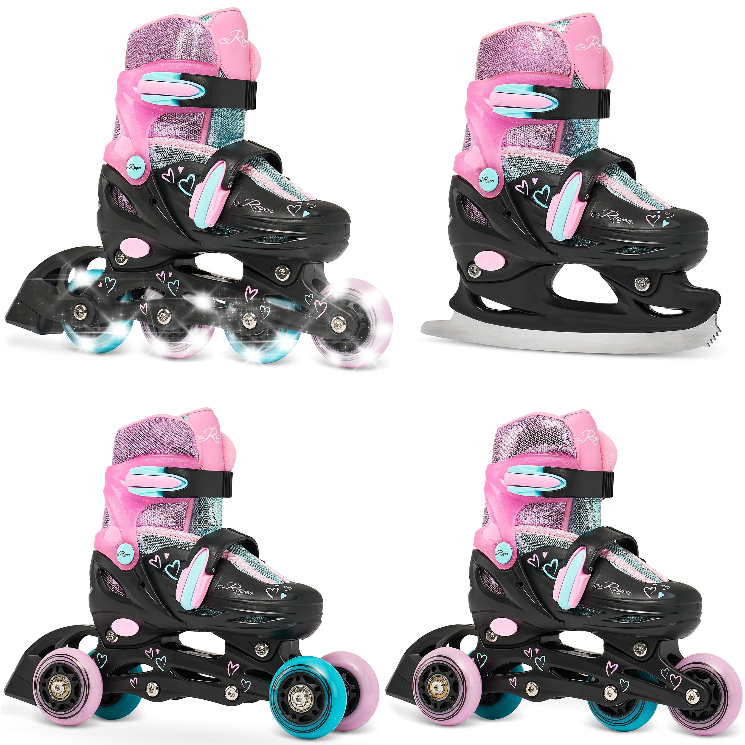 RAVEN 4in1 Inline Skates Triskates Rollschuhe Schlittschuhe Inliner für Kinder Mädchen verstellbar