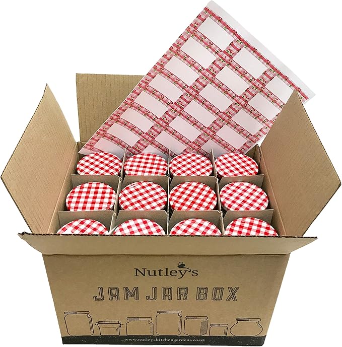 Nutley's 24 190ml Round Jam Jar Box, Red Gingham Lids and SelfAdhesive