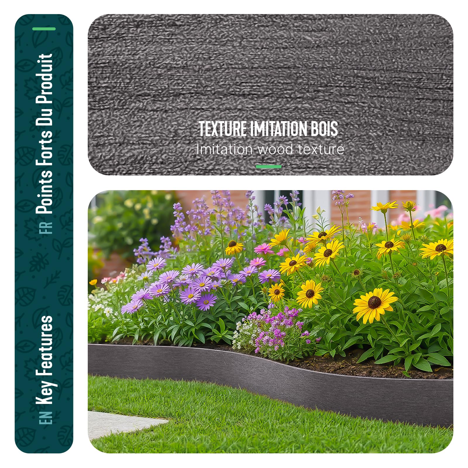VOUNOT® Bordure de Jardin en PE 20 mètres avec 12 Piquets d’ancrage Bordure de Gazon Flexible Bordurette de Pelouse Aspect Naturel Hauteur 13cm Epaisseur 3mm Gris