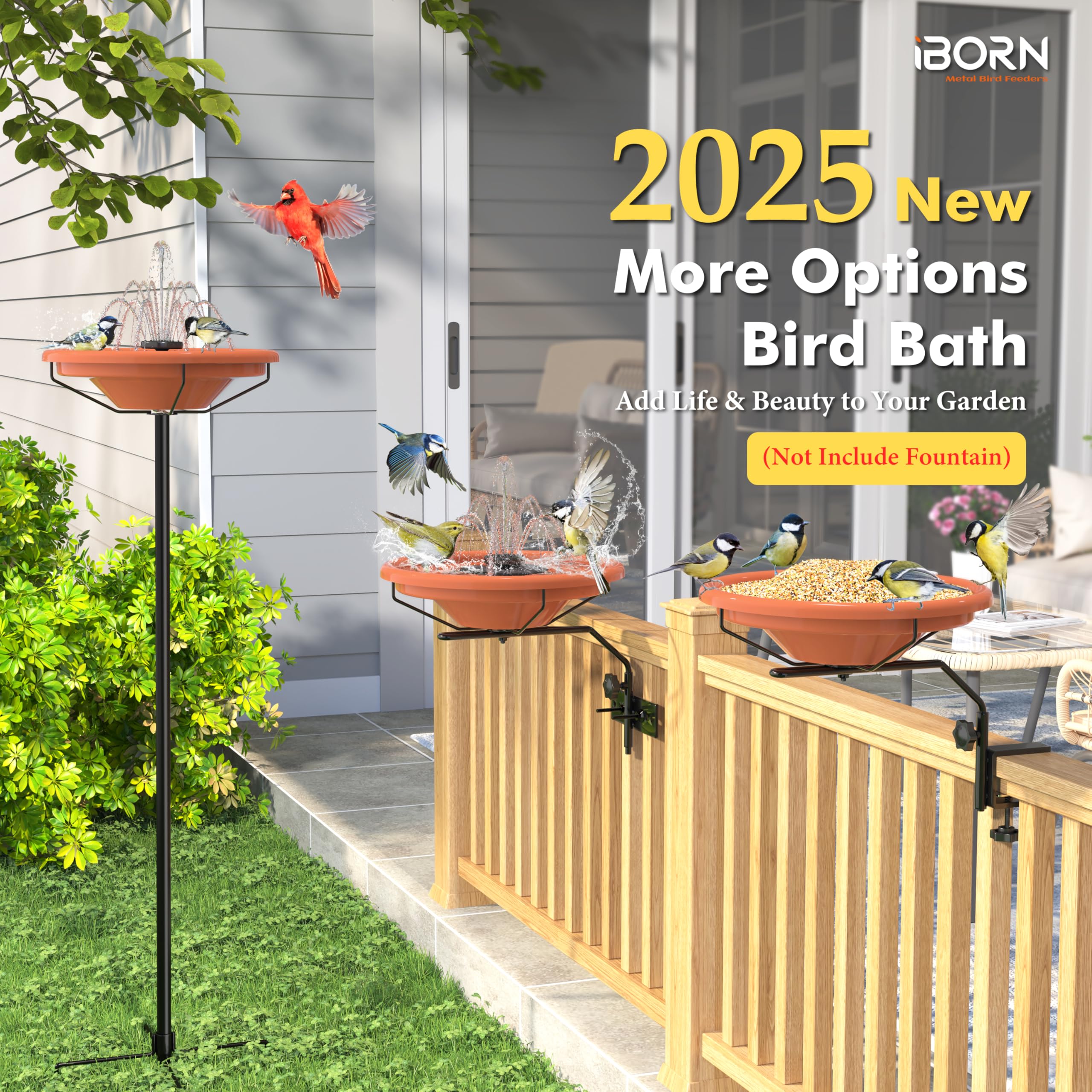 iBorn Bird Bath for Outside,Deck Mounted Bird Bath 12in，Birds Baths for Outdoors with Adjustable Clamp 3.2in，BPA-Free Bowl，360&deg;Swivel & Adjustable Height Bracket，Detachable Birds Baths, Pack of 1 - image 3