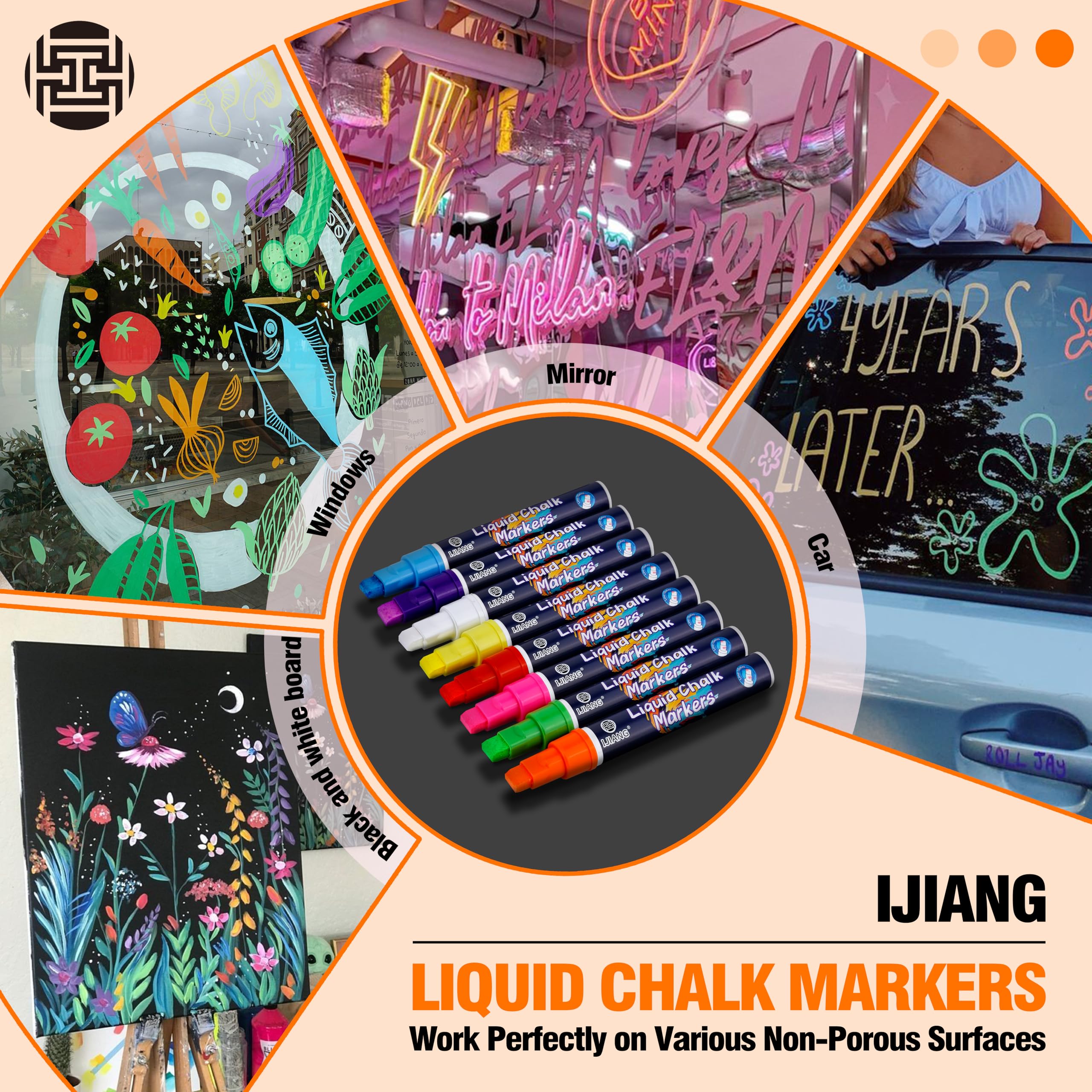 IJIANG Jumbo-Kreidemarker für Autofenster, 10 mm, 3-in-1-Spitze, Flüssigkreide-Marker, löschbar, 8 Farben, Kreidestifte-Set für Whiteboards, Fenster, Bistro, Restaurant, Speisekarten, Kalender,