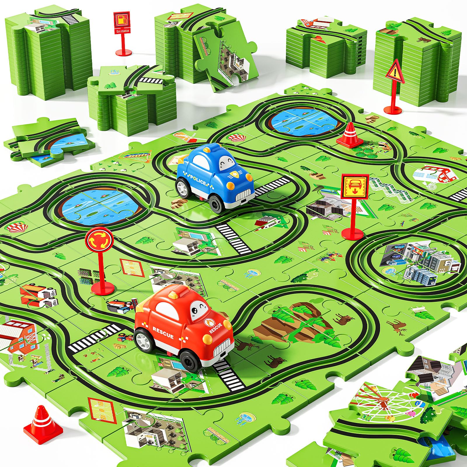 NIPLOOOW 48 PCS Puzzle Track Car Set for Boys Kids 3-5, Toddler Boys Toys for 3 4 5 6 Years Old, Puzzle Race Tracks Car Toys, Birthday Gifts for Kids 3 4 5 6 7 8 Year Old Boys Girls