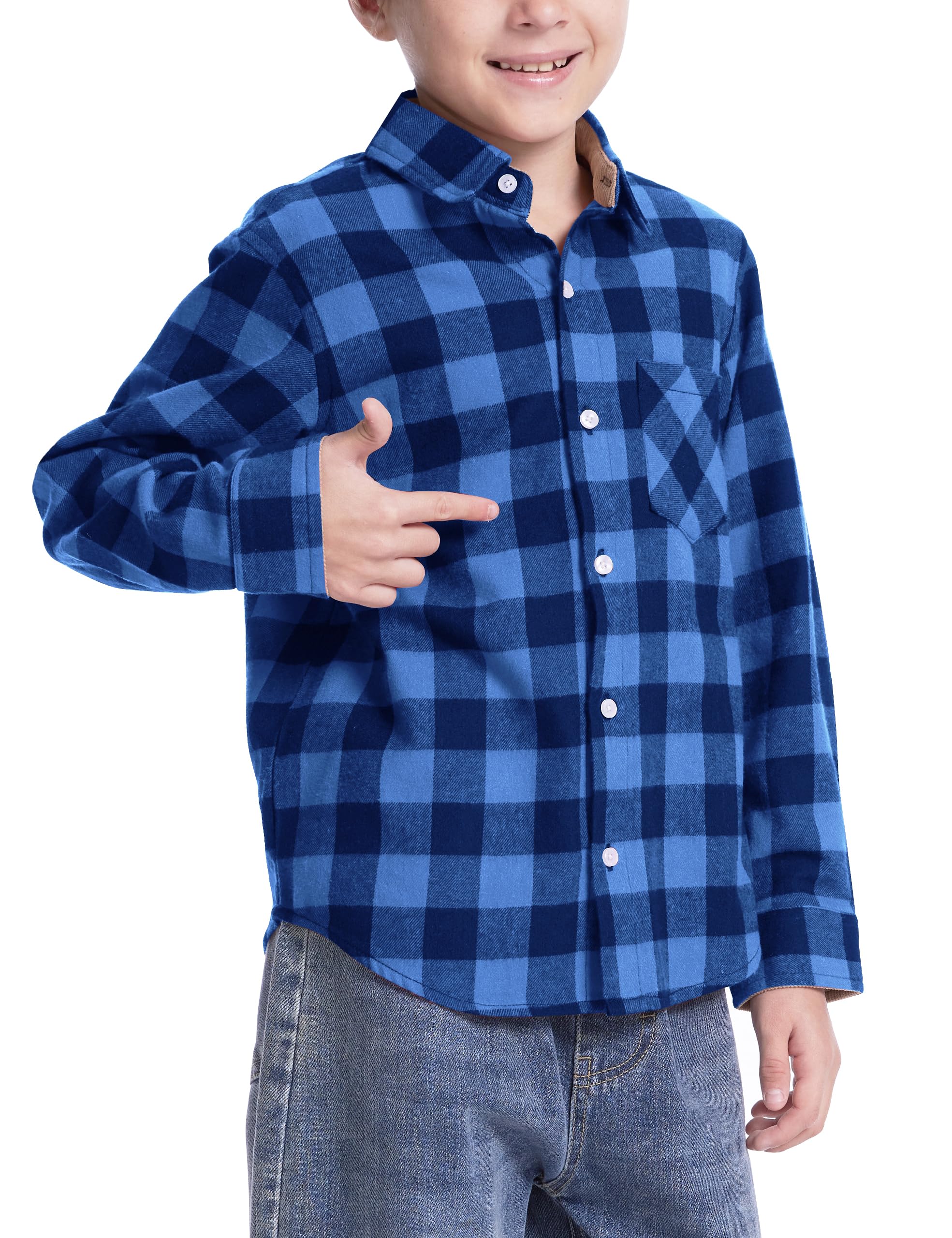 Flygo Boys Girls Long Sleeve Plaid Button Up Shirt Kids Casual Button Down Shirts Tops with Pockets