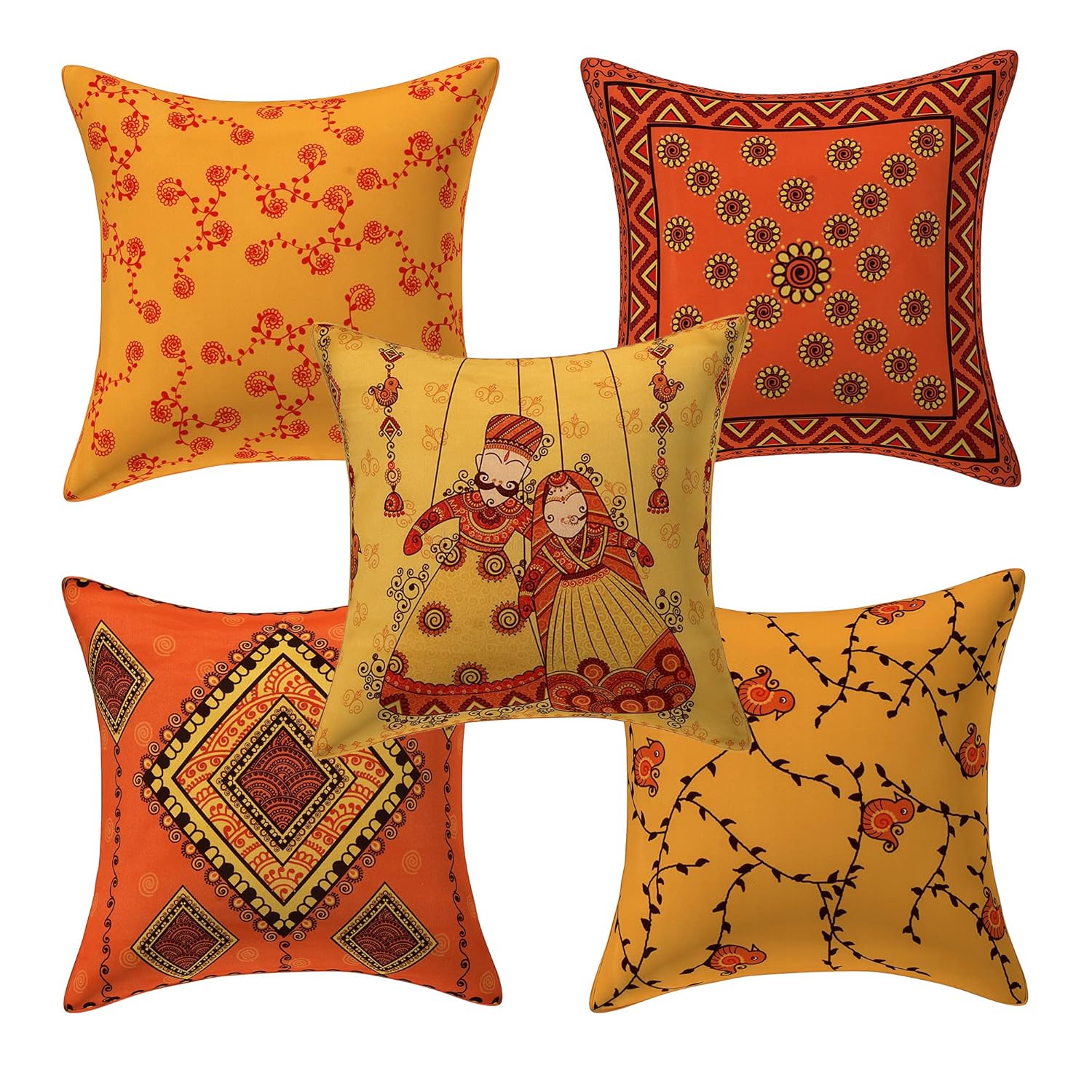 Buy Rajasthani Kathputali Pattern Cushions Covers Set of 5 Satin