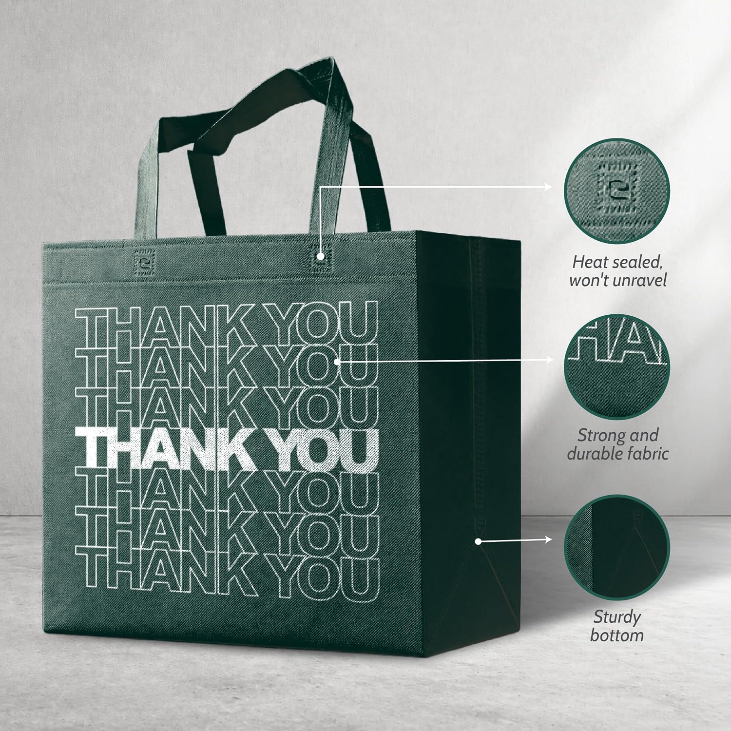 50 Pack Reusable Grocery Bags Bulk – Large Non-Woven Shopping Tote Bags w Handles, Foldable, Washable, Heavy Duty Eco-Friendly – 14x6.5x14 Inch, Green – Totes for Groceries, Boutiques & Events
