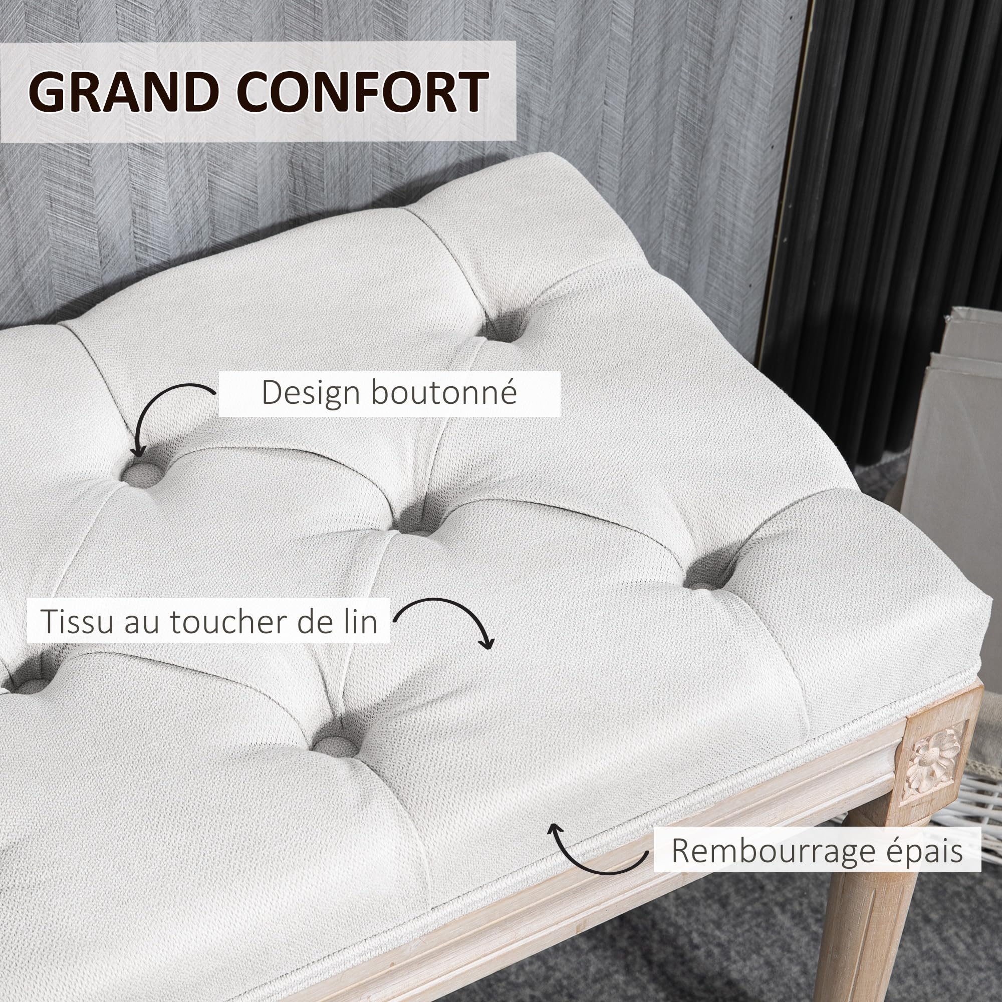 HOMCOM - Banco de asiento acolchado estilo vintage francés acolchado grueso revestimiento, tejido de aspecto lino, patas de madera maciza, crema