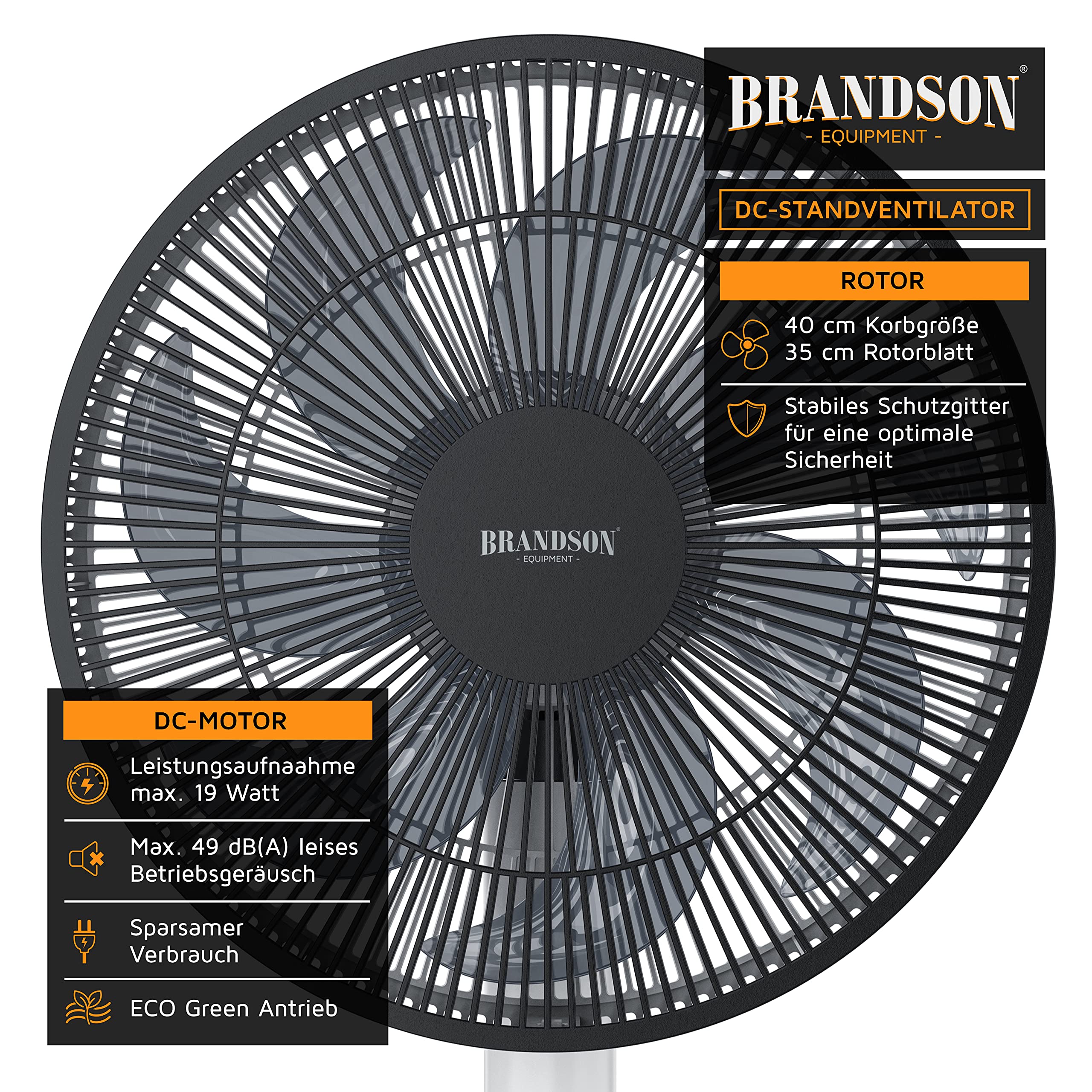 Brandson - DC Standventilator energiesparend ECO - Sieger Ventilatoren 2026 - Fernbedienung - Brushless Silent Motor - sehr leise – Oszilation 60° 90° 120° - 12 Stufen - Turbo Modus - weiß