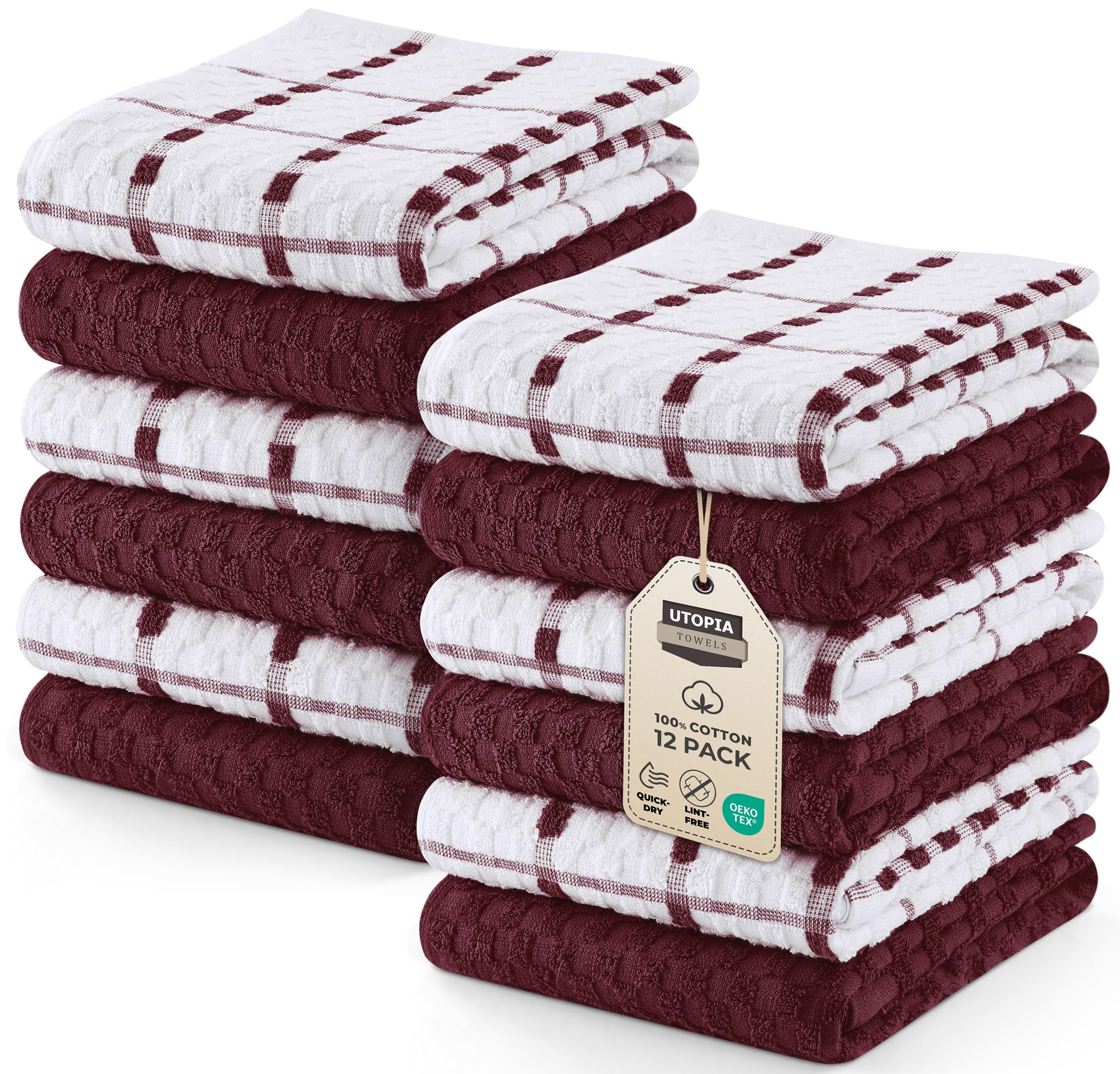 Towels - Kitchen Towels 12 Pack, 15 x 25 Inches, 100% Ring Spun Cotton Super Soft and Absorbent Linen Dish, Tea and Bar Towels Set, Burgundy