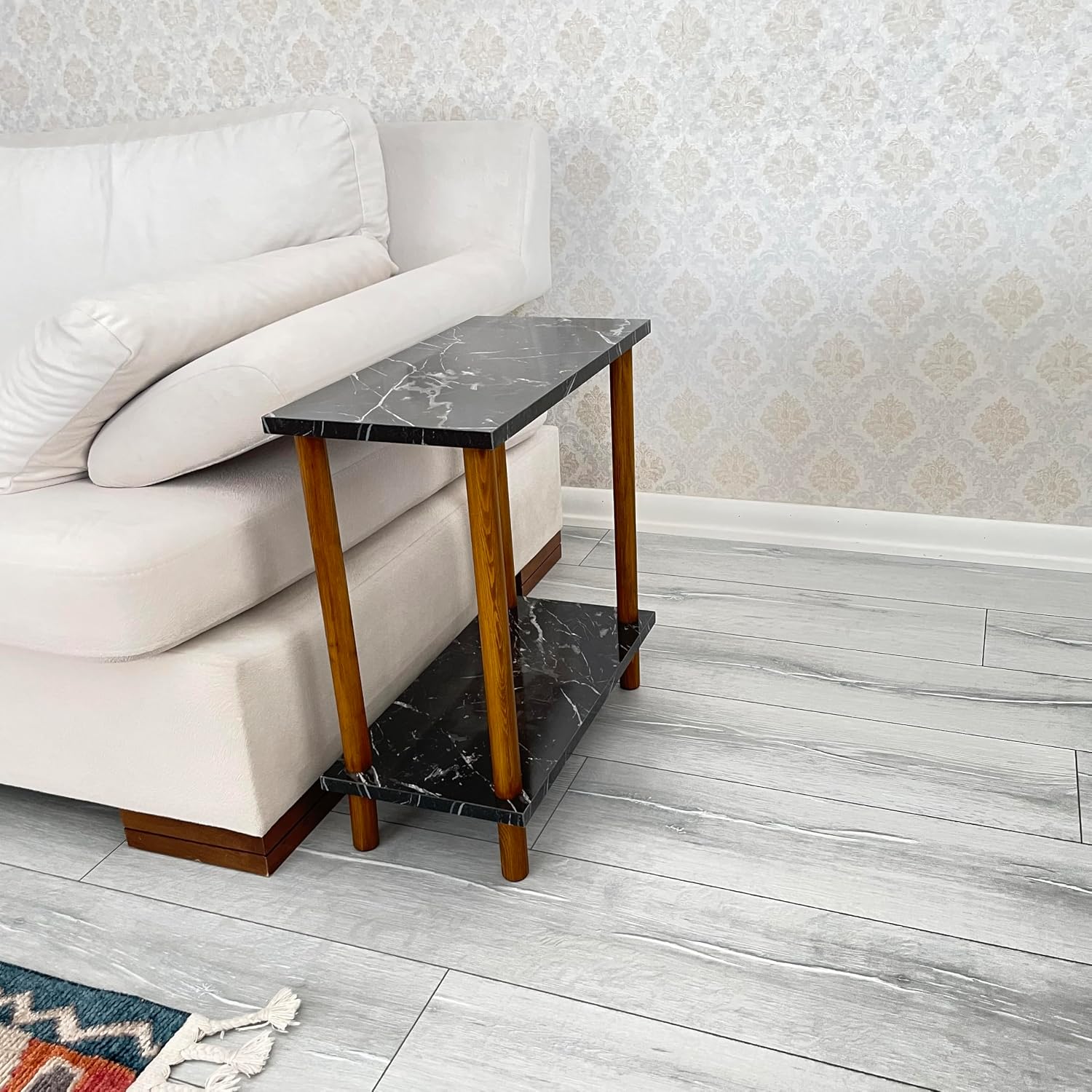 Narrow Small Places Faux Marble Top Modern Side Table for Couch Living Room, Slim Minimalist End Table 2 Tier with Open Shelf Nightstand for Bedrooms, Snack Tray, TV Manual (Black Marble, Wide, 10")