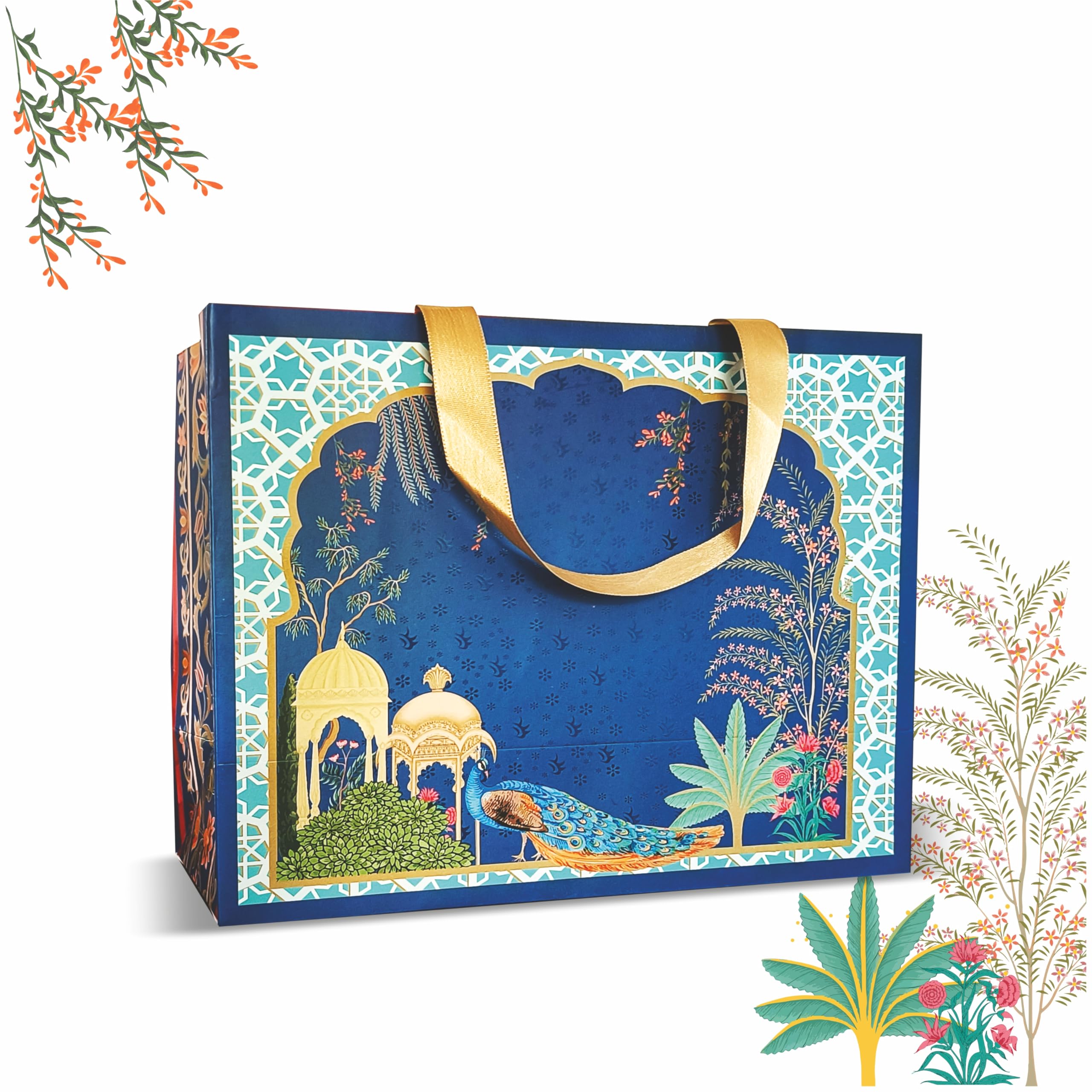 VESTTA -ELEGANCE REDEFINED Paper Gift Bags, Large,13 (L) X 5.5 (B) X10 (H) Inches, Arabic Vintage Print, Gloss Finish, Gold Stamping, Pack Of 5, For All Celebrations, With Tags-Premium Collection (5)-image-7