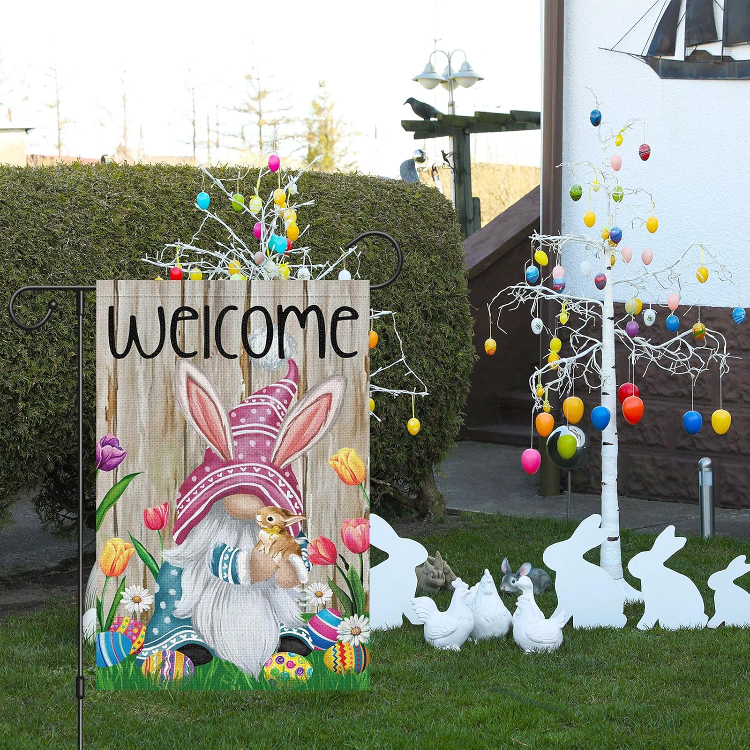 Welcome Easter Gnome Garden Flag 12x18 Double Sided Burlap, Funny Bunny Floral Small Yard Flag Banner for Holiday Farmhouse Outdoor Decor (ONLY FLAG) - Image 3