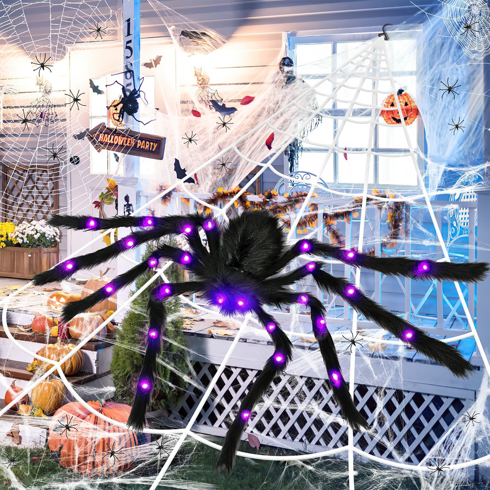 Halloween Light up Giant Spider, HOMEBROS 60" Scary Hairy Spider with 26 Purple LED Lights 16.5 FT Triangular Mega Spider Web Small Fake Spiders Stretchy Cobweb for Indoor Outdoor Halloween Decoration