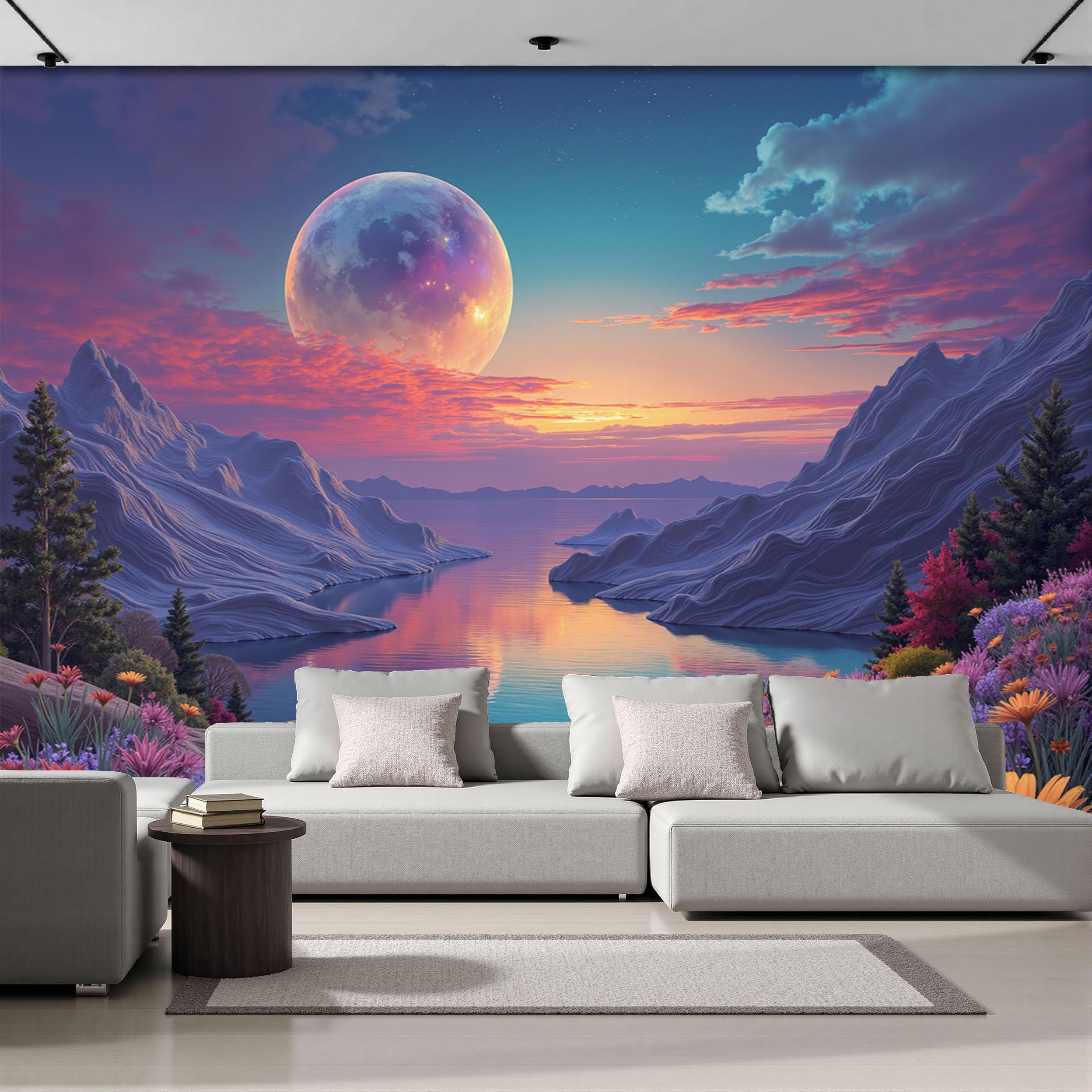 Papier Peint Montagnes Fleurs Bleu-Violet 400x280 cm, fresque murale panoramique haut de gamme