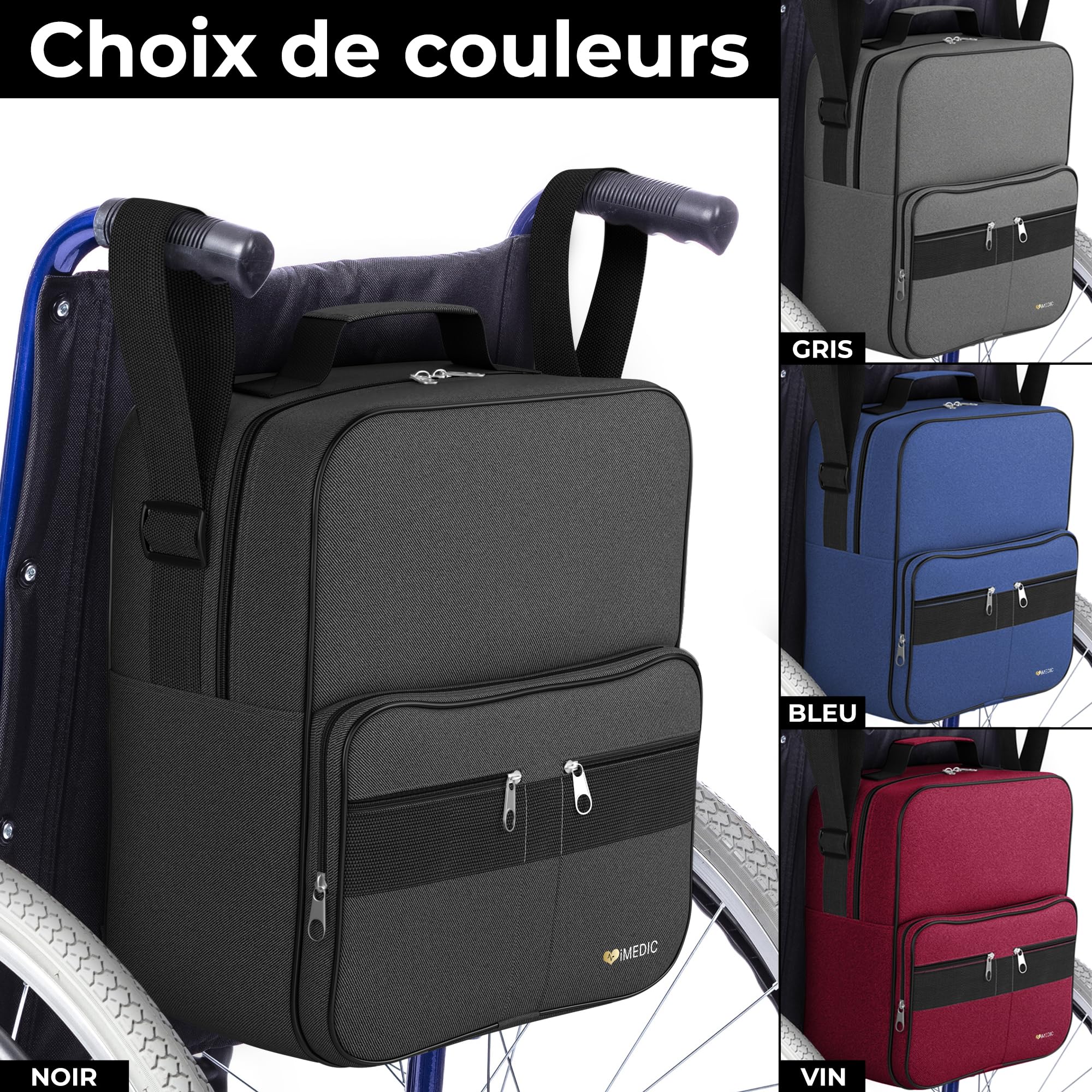 iMedic Deluxe Sac pour Fauteuil Roulant - Sacoche - Pochette S’Attache aux Poignées pour Un Rangement Pratique - Accessoire Fauteuil Roulant - Noir
