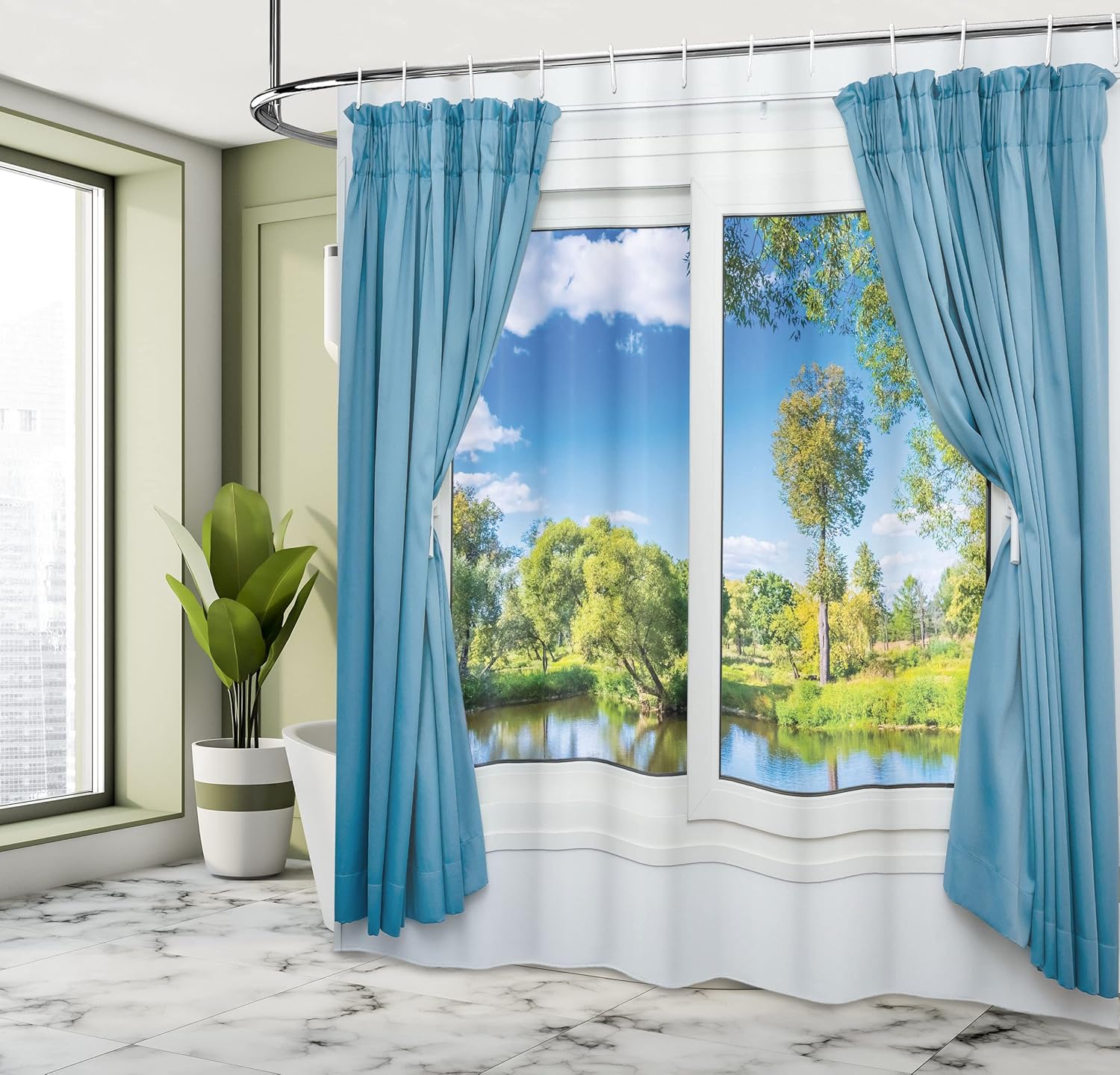 Ambesonne Country Shower Curtain, Rural View from The Window Reflection in Water Lake Tree in Summertime, Cloth Fabric Bathroom Decor Set with Hooks, 69" W x 84" L, White Blue