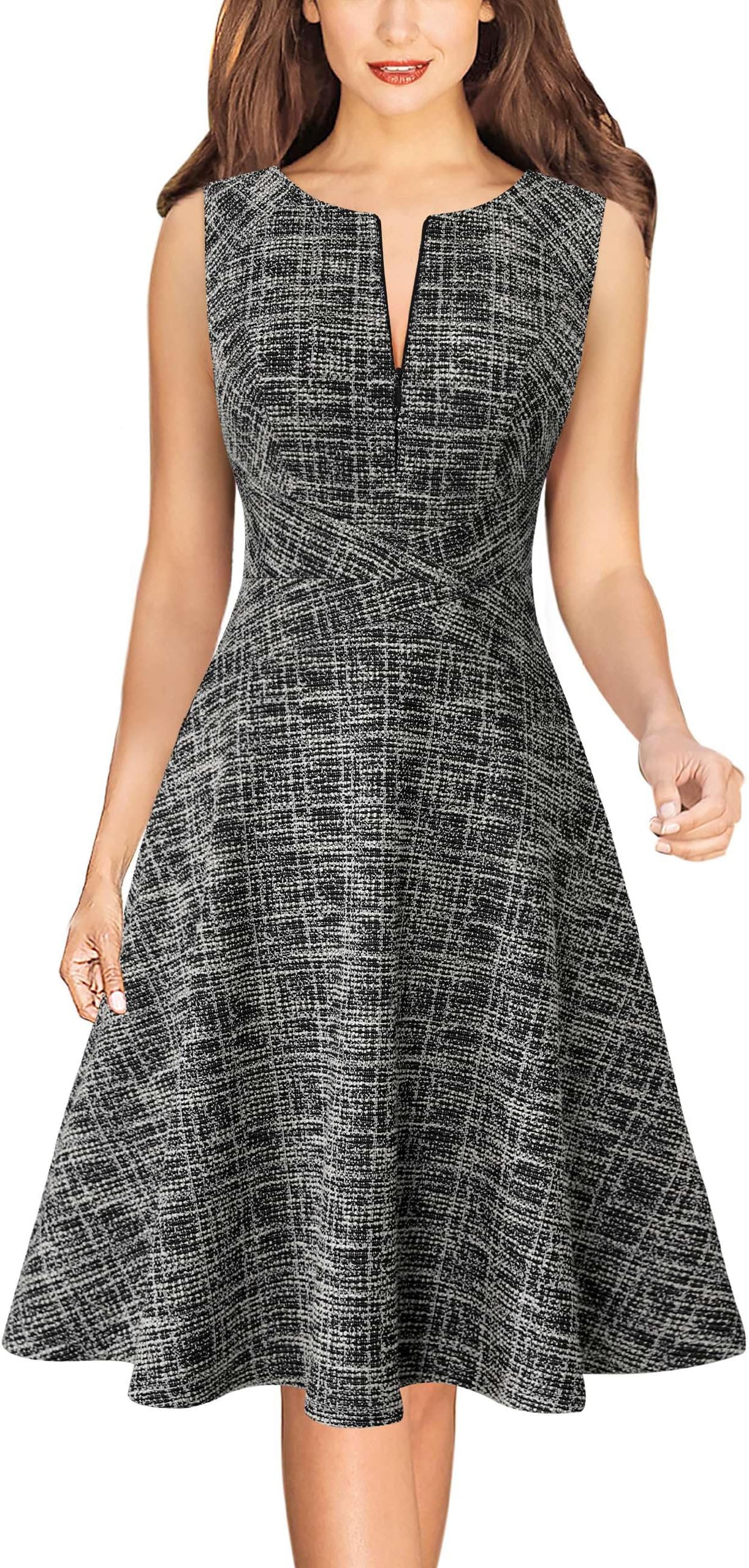 VFSHOW Womens Front Zipper Work Business A-Line Dress Elegant Professional Office Career Church Fit and Flare Skater Dresses