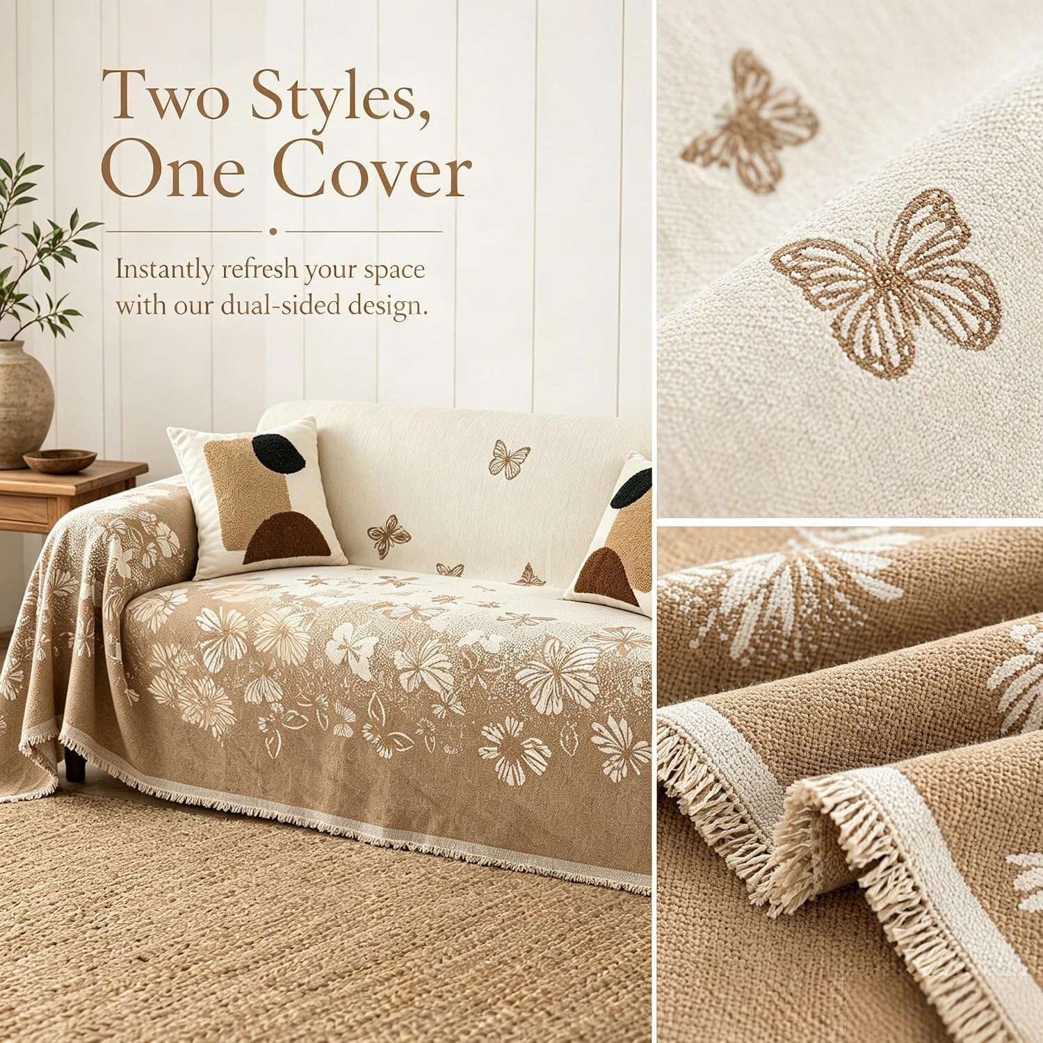 51x71 Chenille Couch Cover Reversible Sofa Slipcover with Tassels