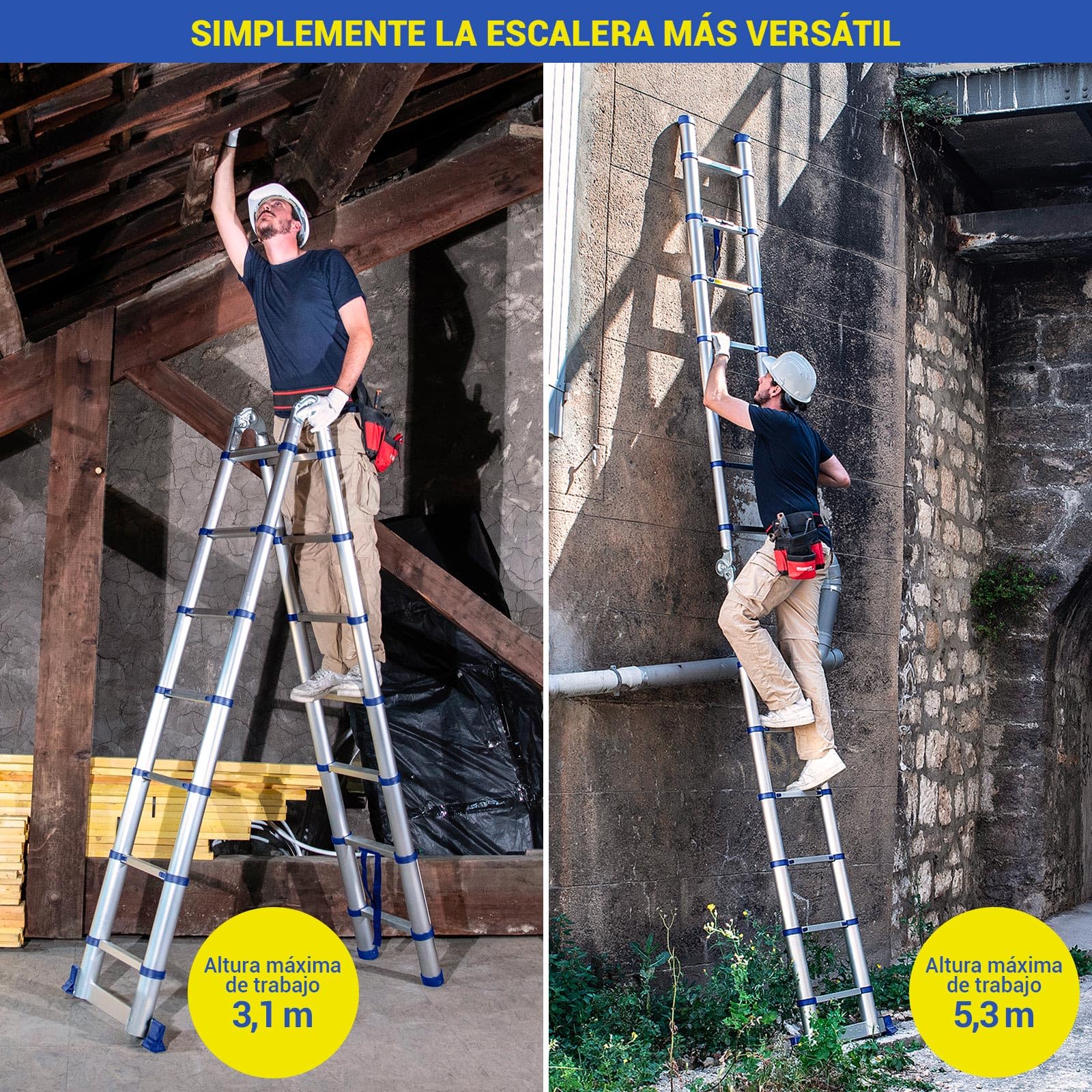 HOSTRÖM Escalera telescópica articulada 4,4 m STEMPAKT, Escalera de 2 x 7 peldaños Plegable Profesional multifunción, H MAX Trabajo 5,3 m, garantía de 5 años.