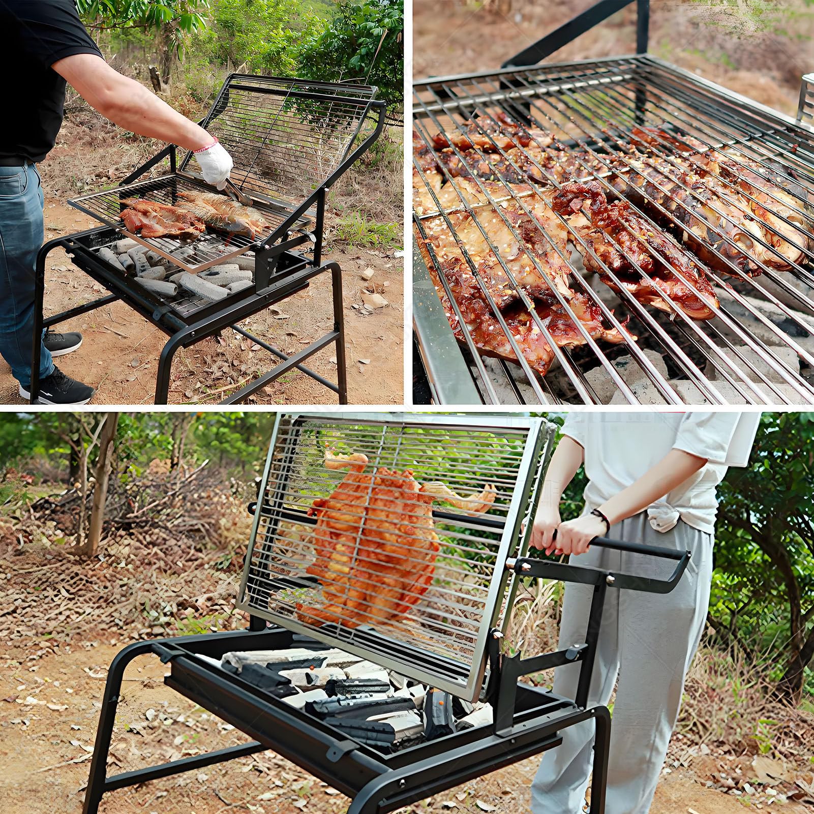 Obrotowy grill o 360° z tacą do przechowywania, odwracalna siatka ze stali nierdzewnej, szuflada na węgiel drzewny, kółka do ostryg, kurczaka, ryb