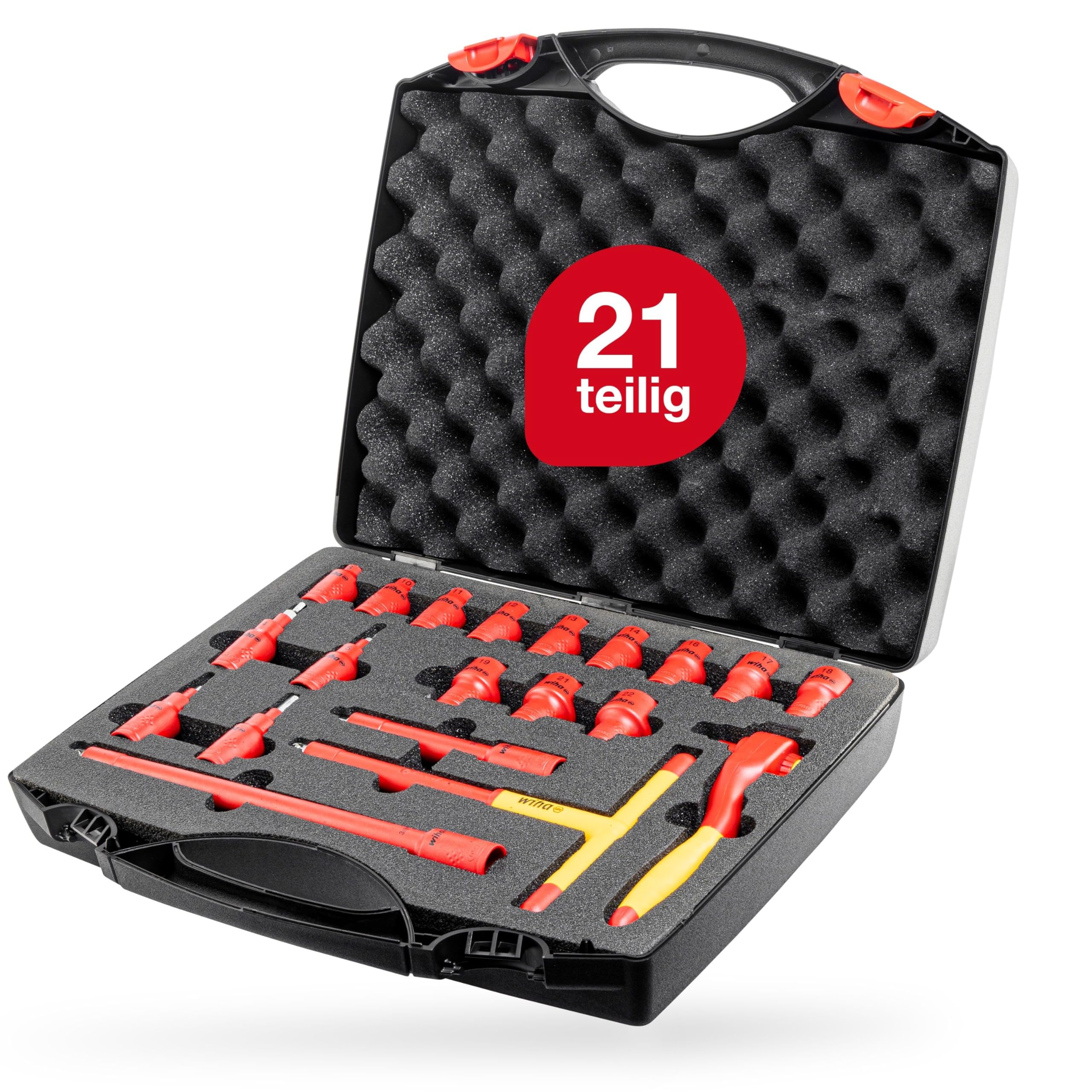 Wiha Ratschenschlüssel Set isoliert 3/8" 21-teilig mit Umschalthebel I Verlängerung und Quergriff Adapter I inklusive Koffer - Steckschlüsselset für effizientes Arbeiten (43023)