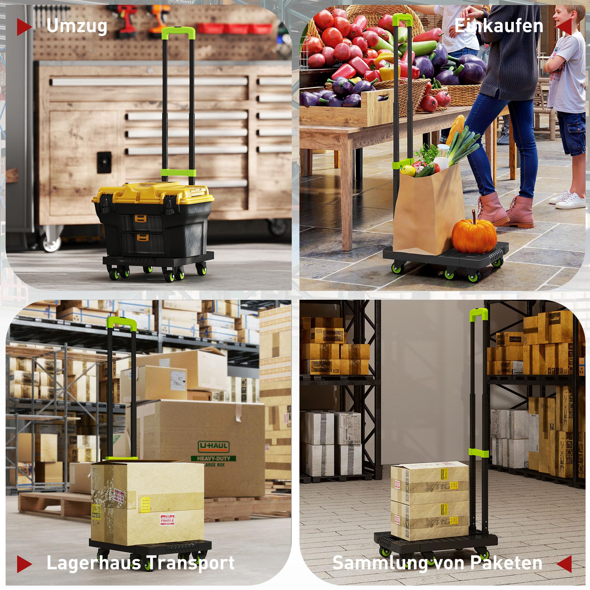 HOMCOM Carrello pieghevole in metallo con ruote, manico regolabile max. 200 kg 102 cm carrello di trasporto con corda di tensione, carrello impilabile per trasloco, officina, magazzino