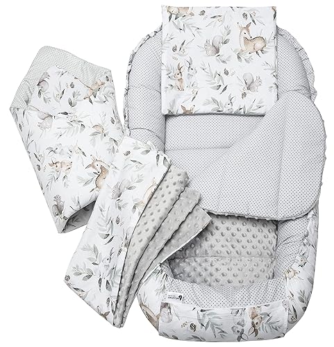 Medi Partners 5 teilig Babynestchen Set Babynest 100x60x15 herausnehmbarer Einsatz Bett Kuschelnest Krabbeldecke Babys Neugeborene 100% Baumwolle (Hirsch in Blättern mit Grau Minky) - Hirsch in Blättern mit Grau Minky - 5 teilig Babynestchen