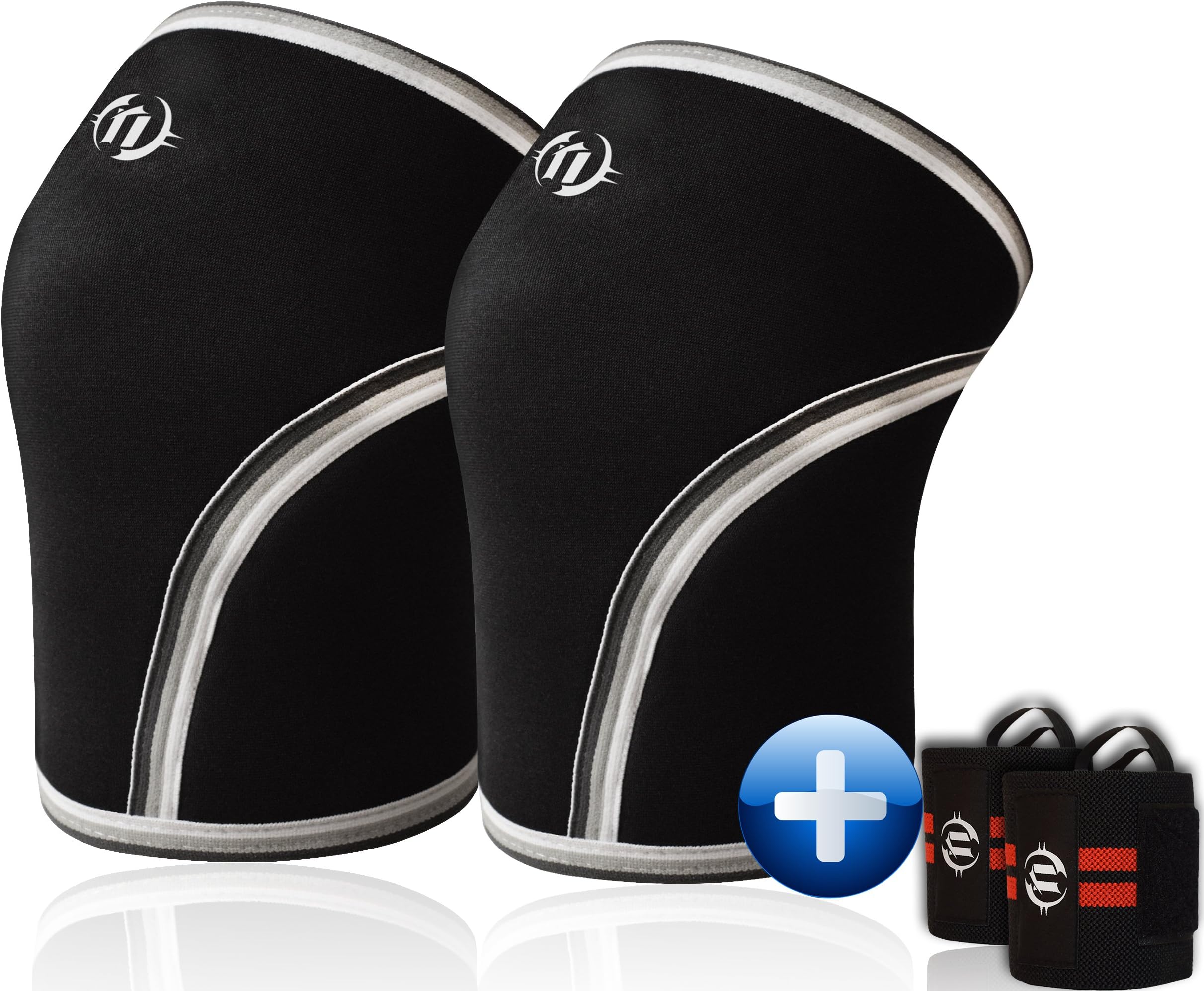 Premium Knee Sleeves (Pair) 7mm Neoprene - Compression & Support for Weightlifting, Powerlifting, Squats Gym. 1 Year Warranty - BONUS: Heavy Duty Wrist Wraps (Set of 2) (Black, X-Large)
