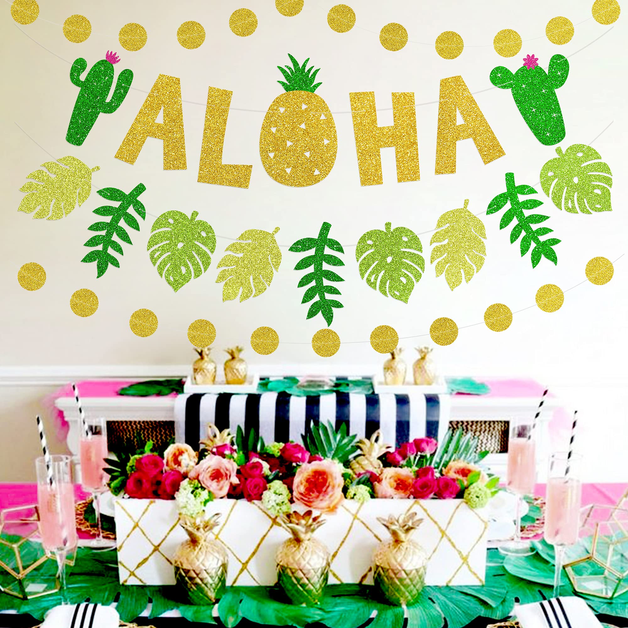Hawaiian Party Decorations - Gold Glitter 'Aloha' Banner With Hanging Swirls