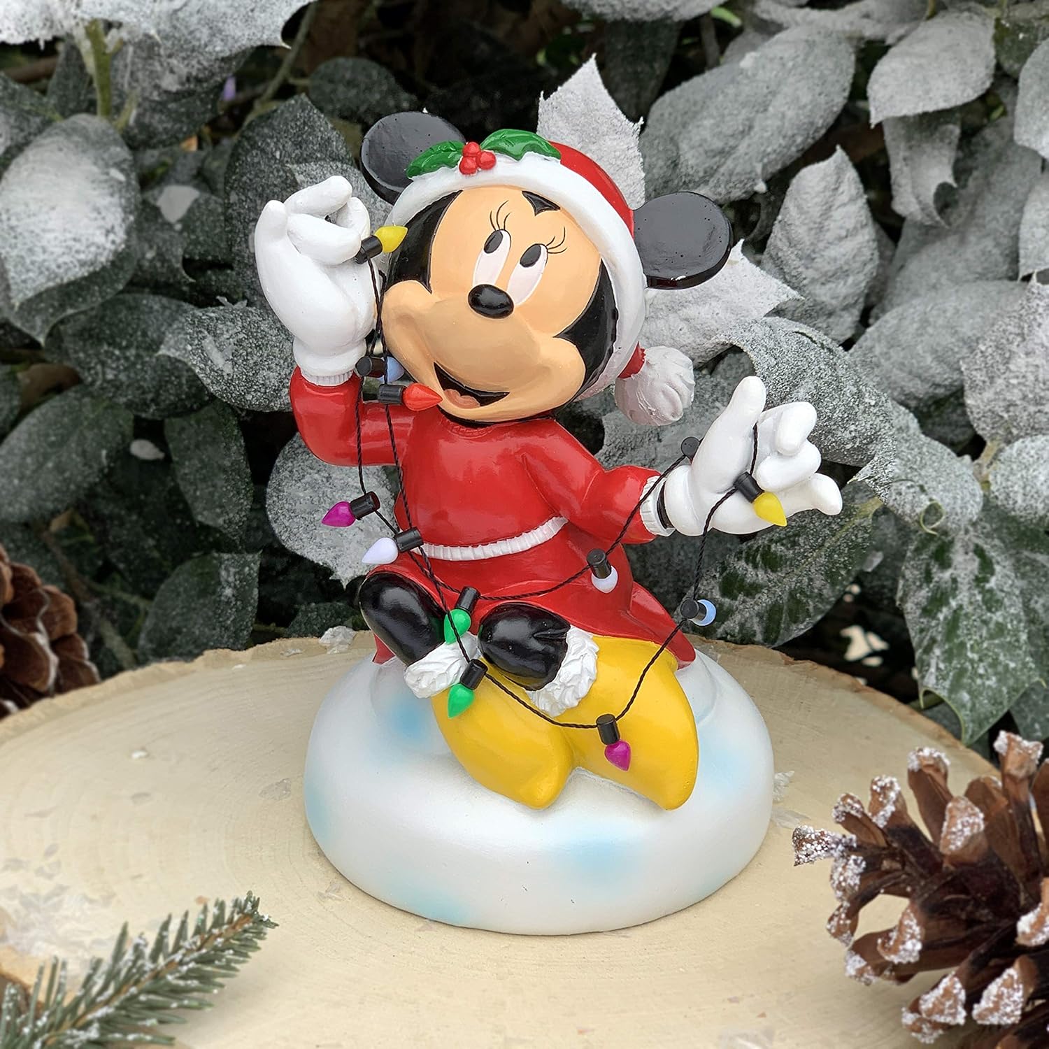 Disney Minnie Mouse Garden Statue Wrapped in Faux Christmas String Lights, 6 Inches Tall, Officially Licensed Disney Product