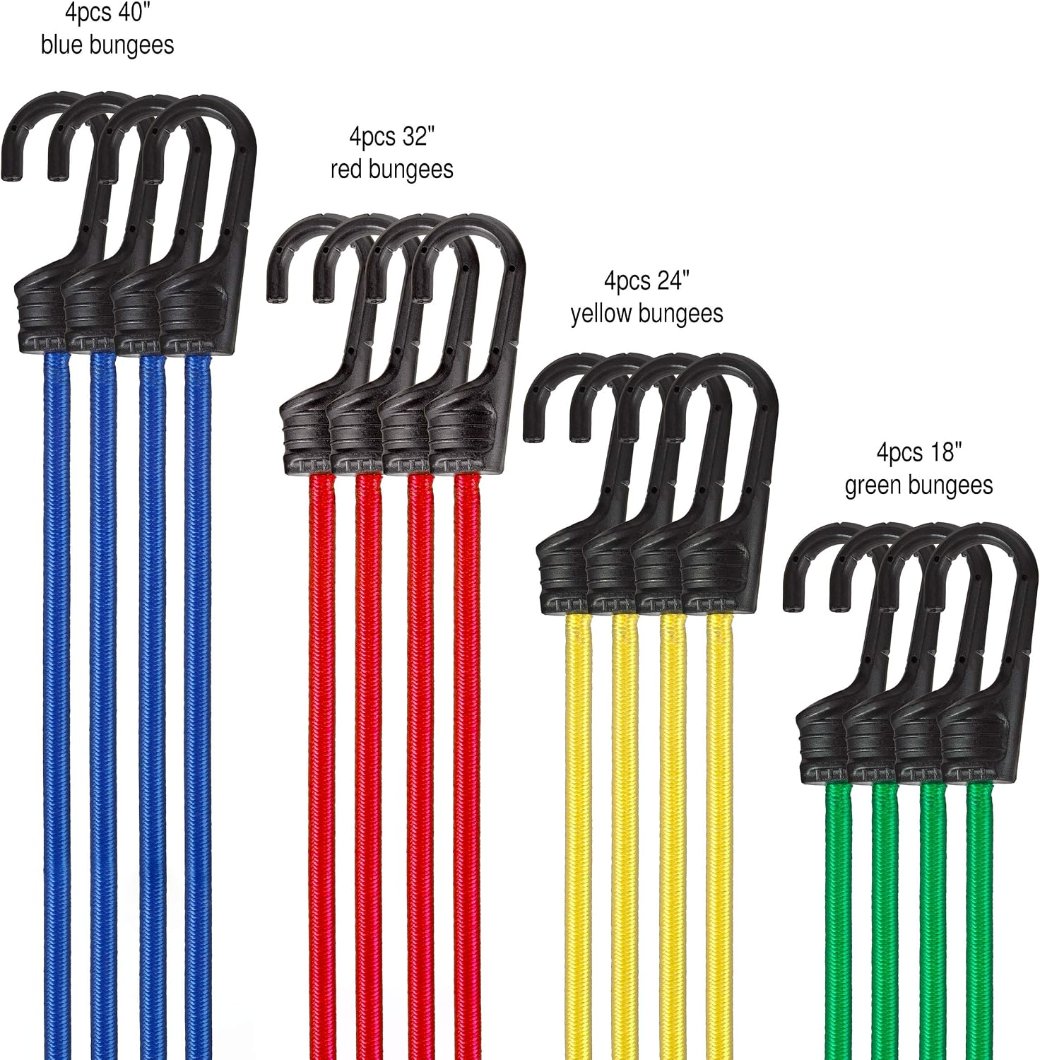 16 Piece Bungee Cord Set- Assortment of 4 Sizes- 18”, 24”, 32” 40” with Storage Bag-Tie Downs with Hooks for Trucks, Trailers, ATVs & More by Stalwart