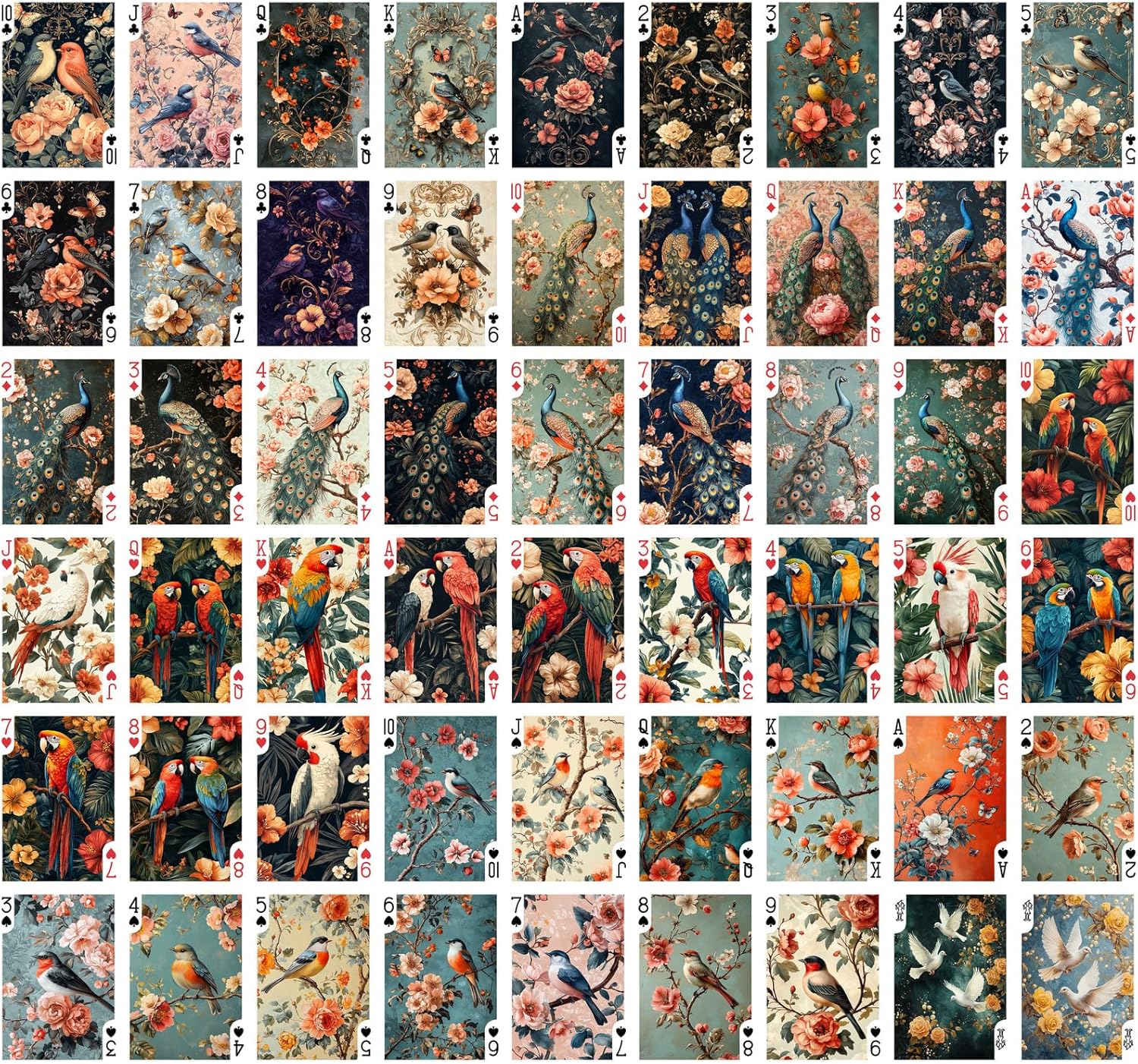 Ornate Aviary Playing Cards Poker Deck ~ Birds Peacocks Parrots and Florals in Decorative Vintage Style with Intricate Patterns deep Colors and Elegant Botanical compositions