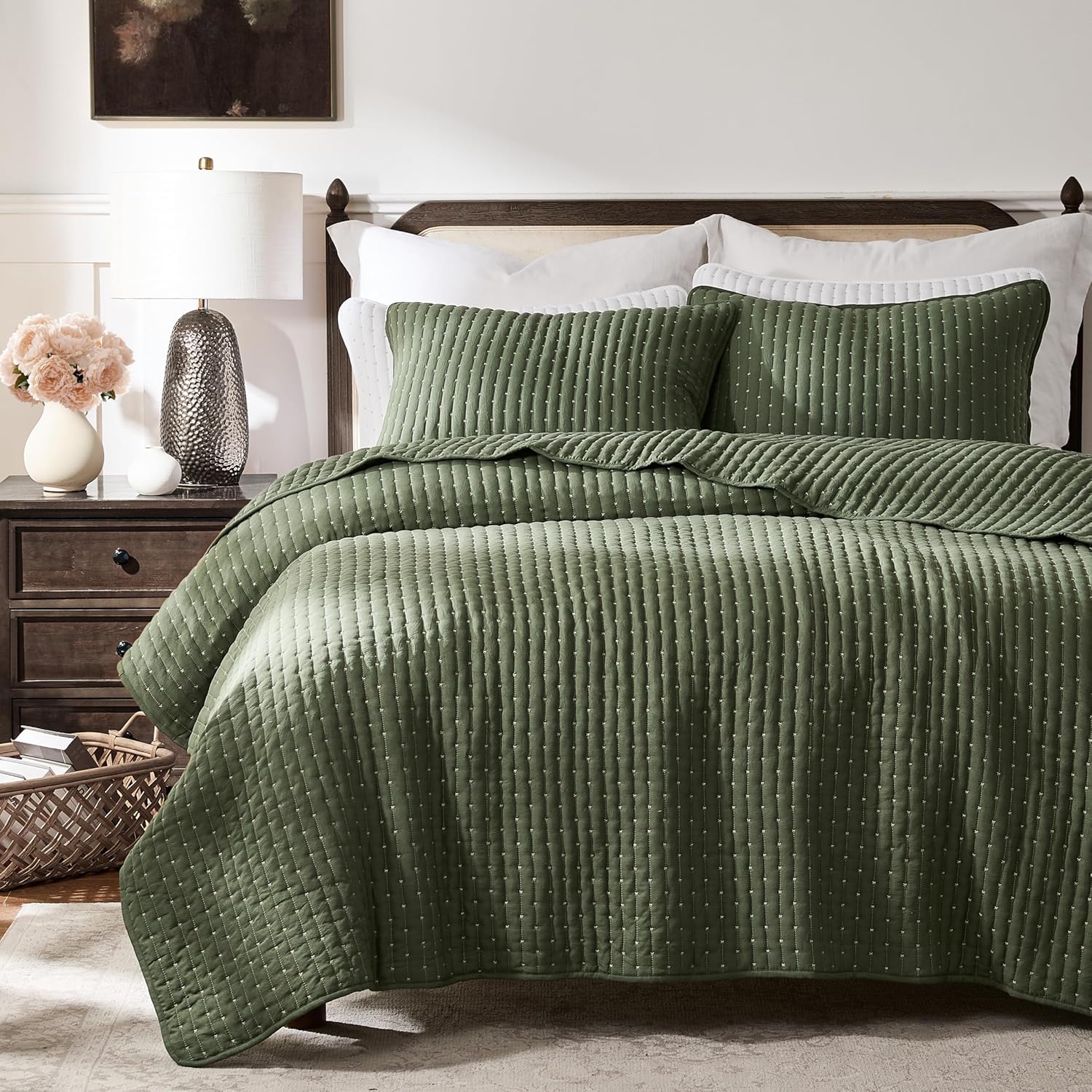 WDCOZY Olive Green Cross Stitch King Size Quilt Set, Striped Lightweight Soft Bedspread, Channel Farmhouse Rustic Coverlet, All Season Country Bedding, Thin Comforter