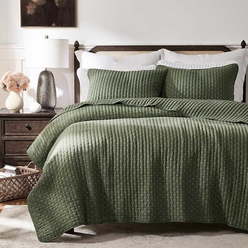 Olive Green Cross Stitch California Cal King Size Quilt Set, Oversized Striped Lightweight Soft Bedspread, Channel Farmhouse Rustic Coverlet, All Season Country Bedding, Thin Comforter