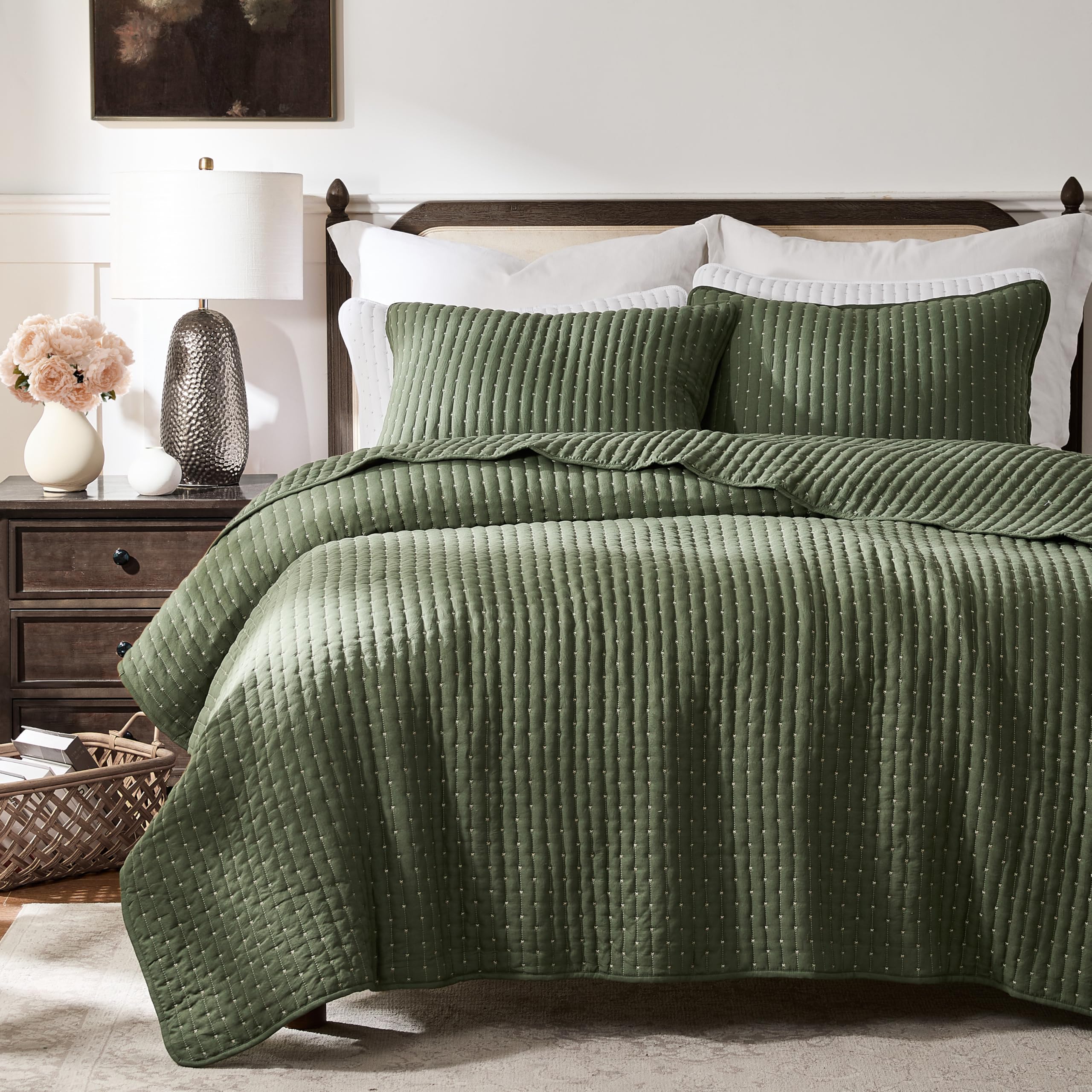 WDCOZY Olive Green Cross Stitch Twin Size Quilt Set, Striped Lightweight Soft Bedspread, Channel Farmhouse Rustic Coverlet, All Season Country Bedding