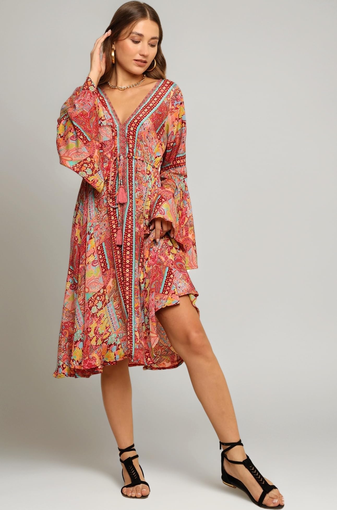 - KE KANHA EXPORTS Dress for Woman|Boho Dresses for Women|Beach Wear|Border Print|Adjustable Tassel at Waist|Vacation Boho Casual|Multicolor|Easily fits S-M-L|Bust 32-38 in|Length 40 in