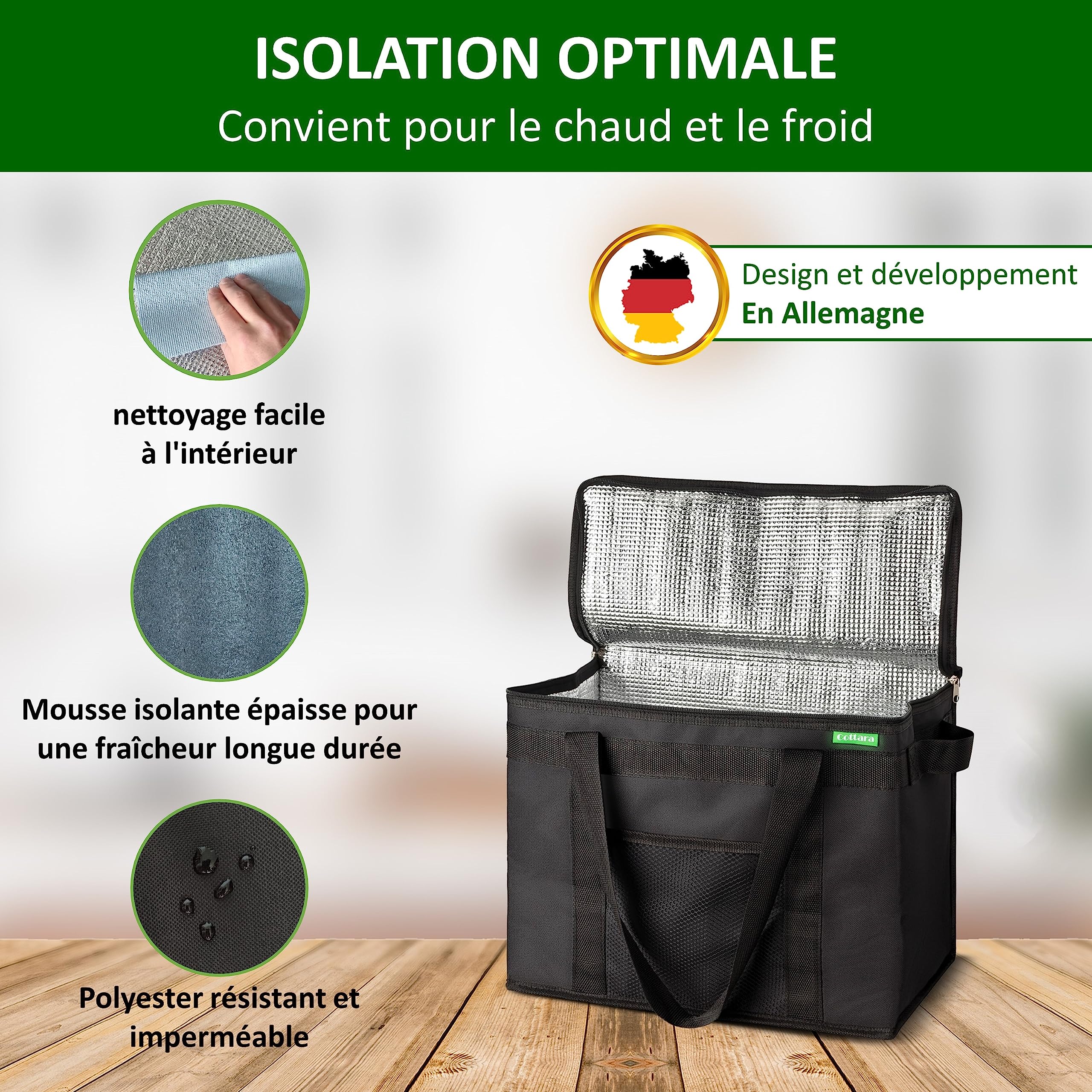 COTTARA Lot de 2 sacs isothermes pliables de qualité supérieure - Grand sac de courses avec fond renforcé - Idéal comme sac isotherme, panier de courses, sac de pique-nique - Noir 40 x 24 x 31 cm